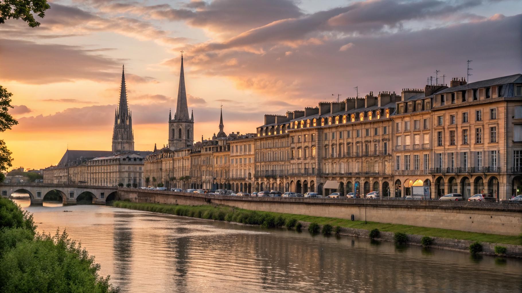 Panorama des quais Chartrons depuis la Bastide au coucher du soleil, façades calcaires reflétées dans la Garonne, Pont de Pierre et clochers en arrière-plan