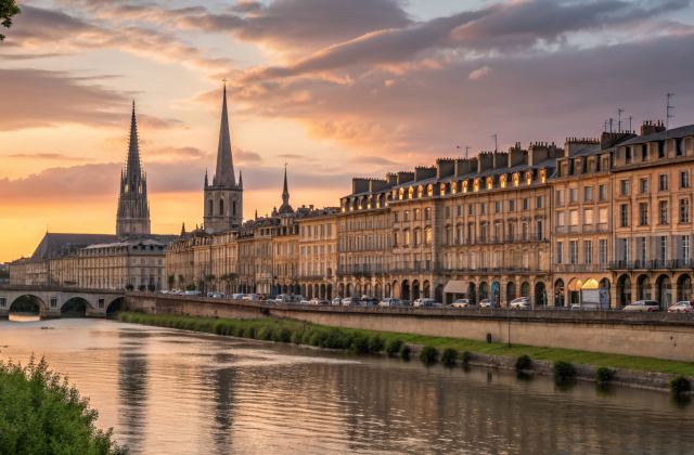 Panorama des quais Chartrons depuis la Bastide au coucher du soleil, façades calcaires reflétées dans la Garonne, Pont de Pierre et clochers en arrière-plan