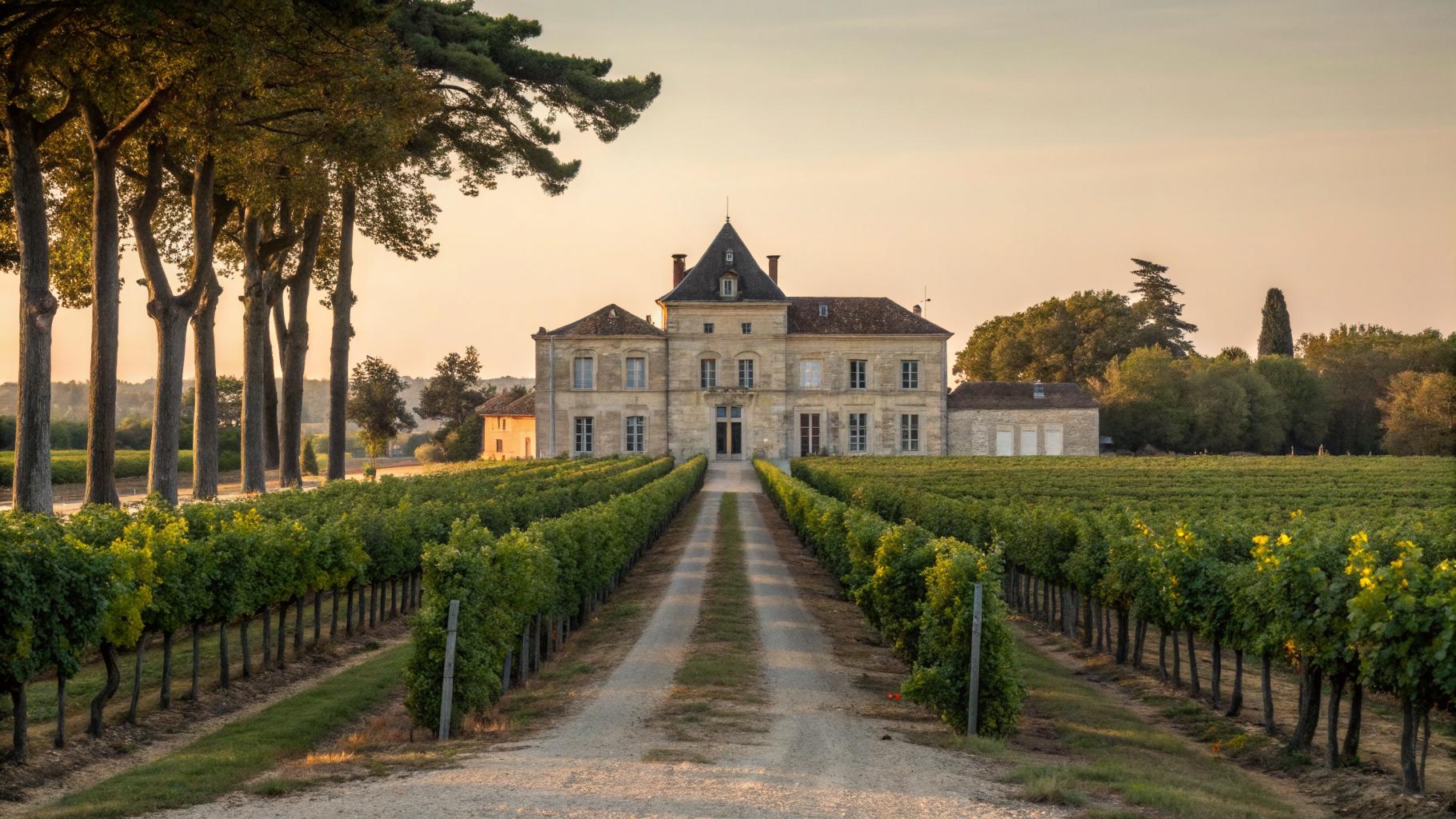Château viticole médocain avec allée de platanes, vignobles de part et d'autre, lumière ambrée de fin d'après-midi