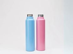Blue and pink coated metal bottles