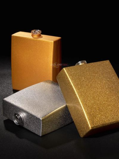 Gold and silver flasks, a Colortek finish on glass