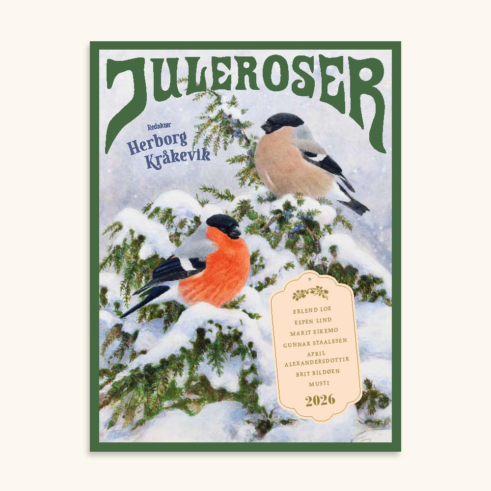 Framside på Juleroser med to dompapfuglar på snødekt granbar. Grøn ramme