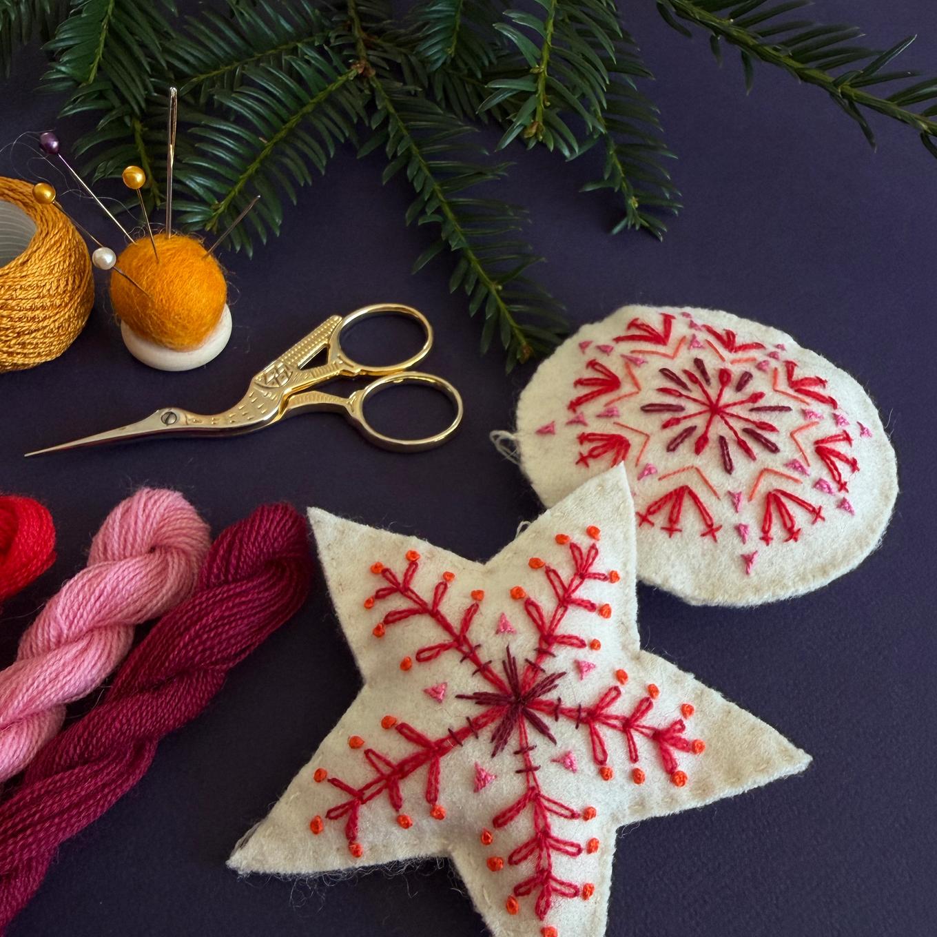 Broderi av ei kvinne med gul trøye, rosa skjørt, høge støvlar og veske på blå bakgrunn