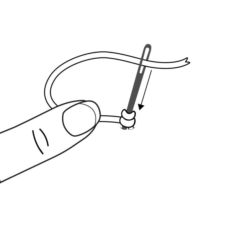 Ei hand held ei nål som fører ein tråd ned gjennom ein knute for å sy ein fransk knute