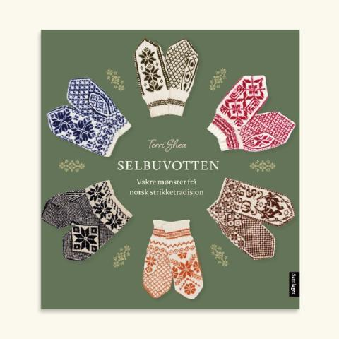 Bokomslag for Selbuvotten med grøn bakgrunn og seks par strikka vottar i ulike fargar rundt tittelen