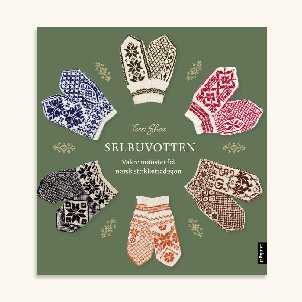 Bokomslag for Selbuvotten med grøn bakgrunn og seks par strikka vottar i ulike fargar rundt tittelen