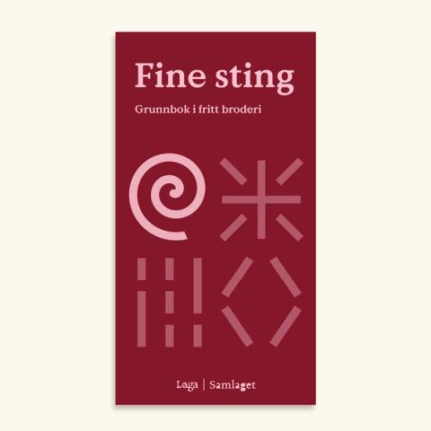 Bokomslag for Fine sting grunnbok i fritt broderi på raud bakgrunn med rosa broderimønster og tekst