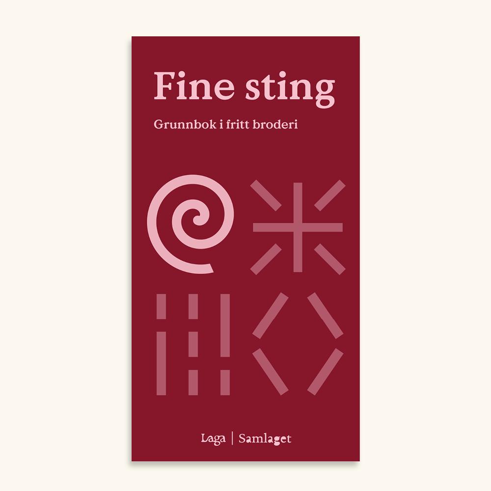 Bokomslag for Fine sting grunnbok i fritt broderi på raud bakgrunn med rosa broderimønster og tekst