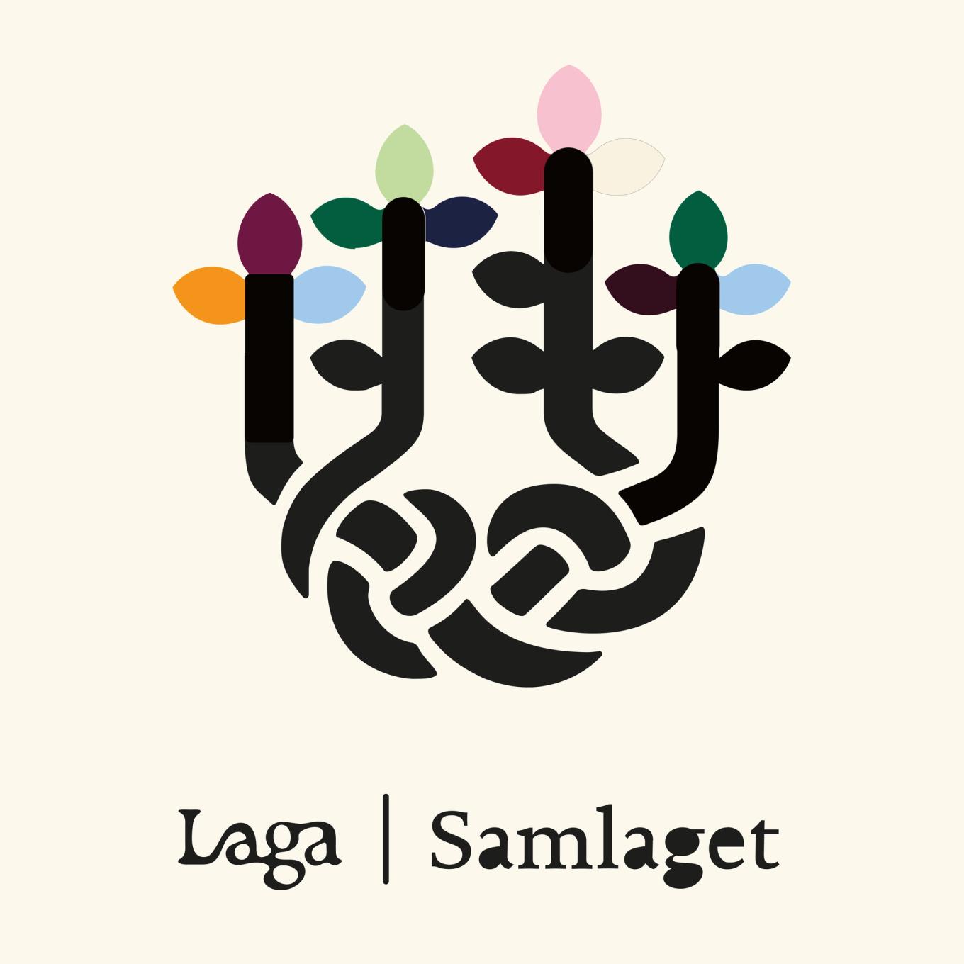 Logo med stiliserte blomar på stenglar som går saman i eit knutemønster, med teksten Laga Samlaget under på svart bakgrunn