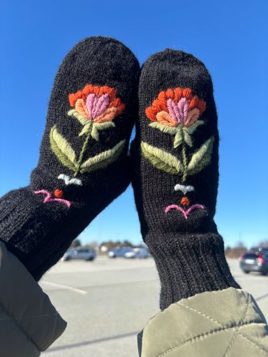 Svarte vottar med broderte blomar, haldne opp mot blå himmel