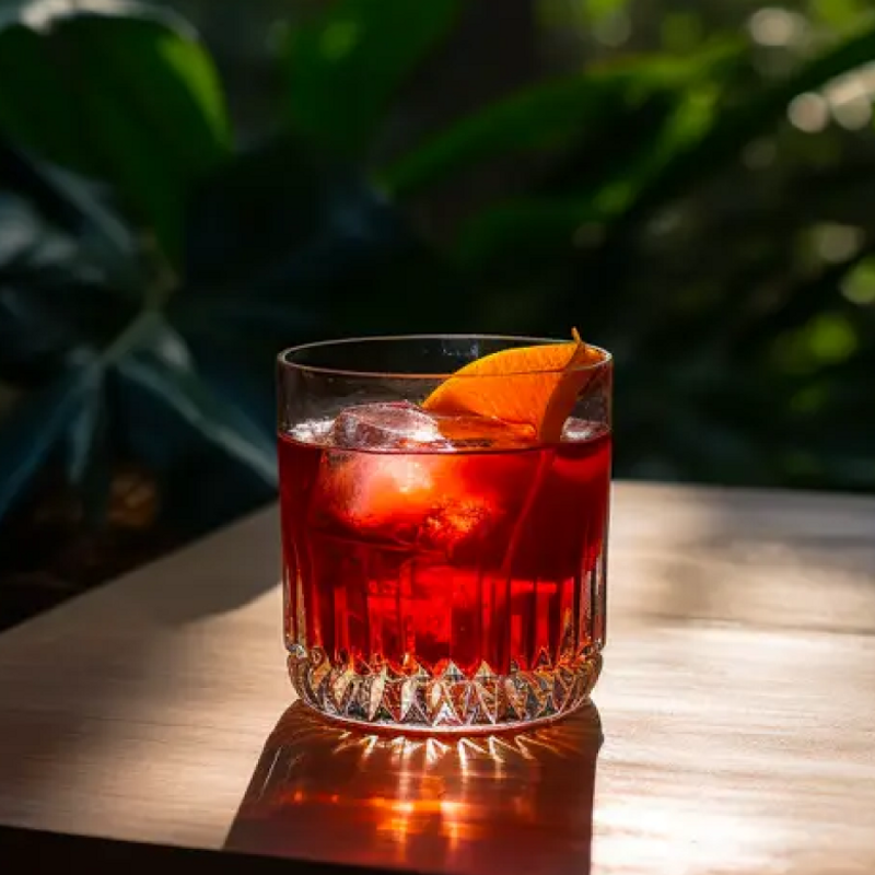 A negroni sitting on a bench.