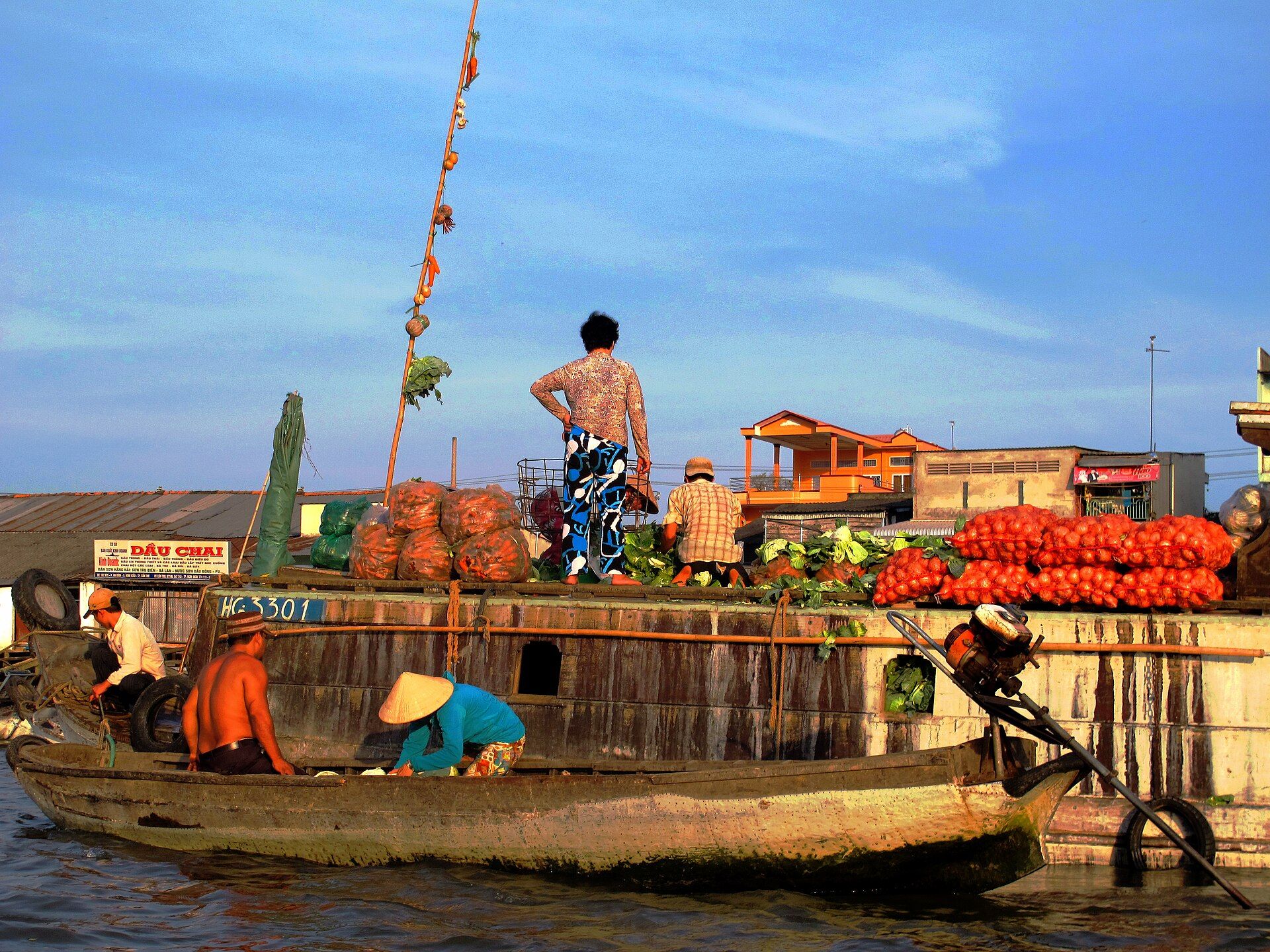 Produce displayed from boats at Cai Rang floating market