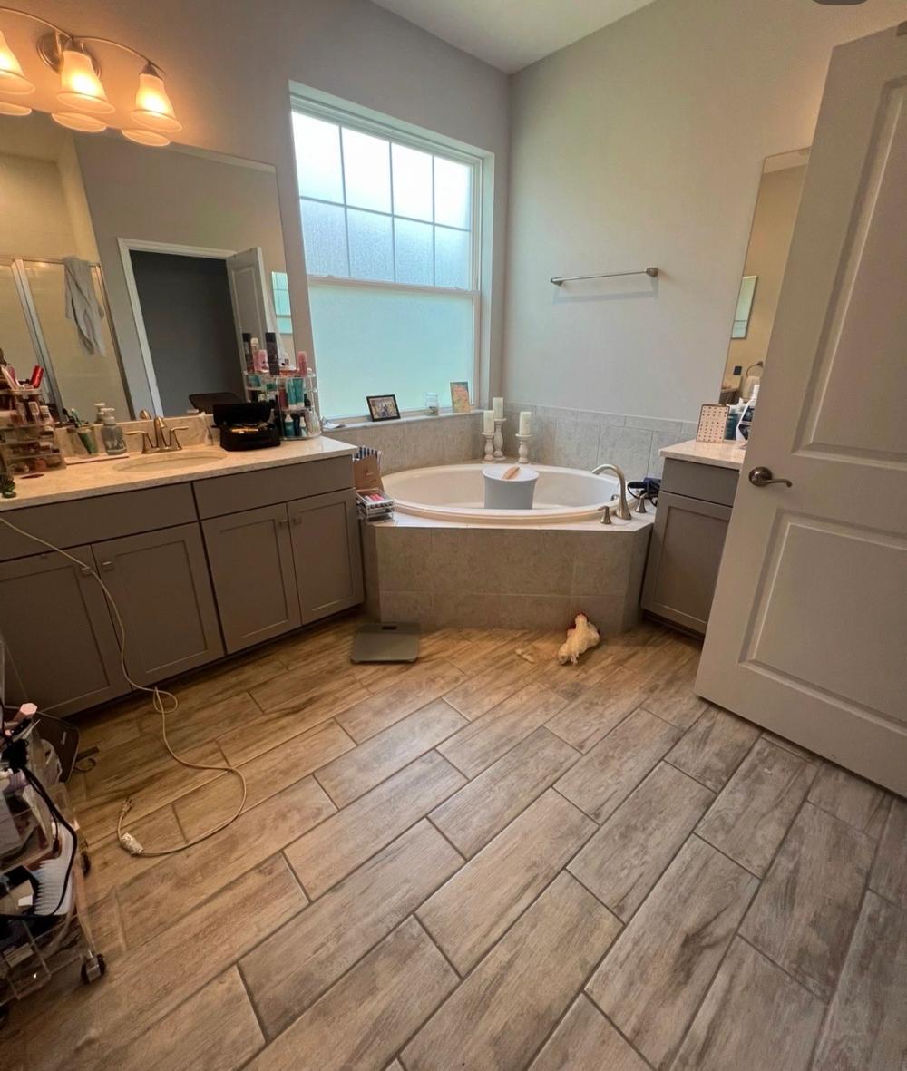 Moody Organic Modern Primary Bathroom, before