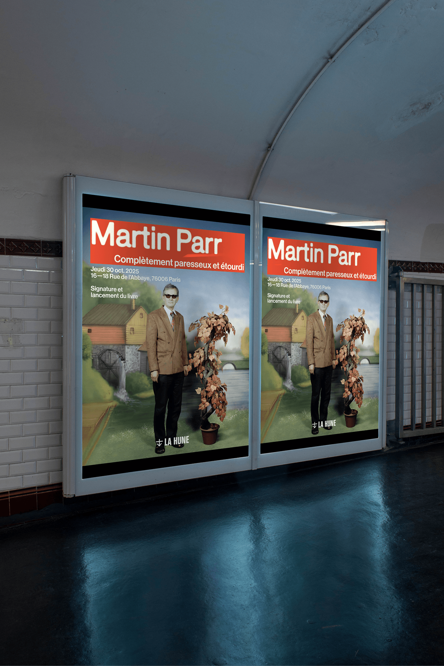Parisian metro advertising panels announcing the Martin Parr exhibition at La Hune