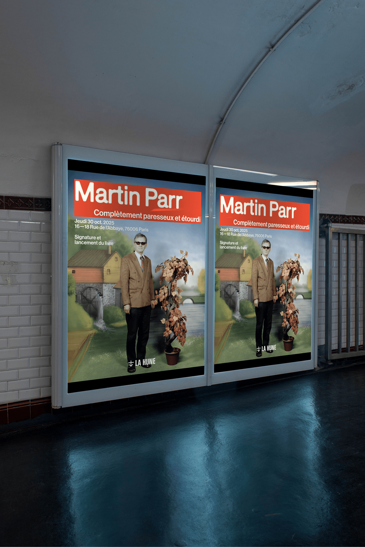 Parisian metro advertising panels announcing the Martin Parr exhibition at La Hune