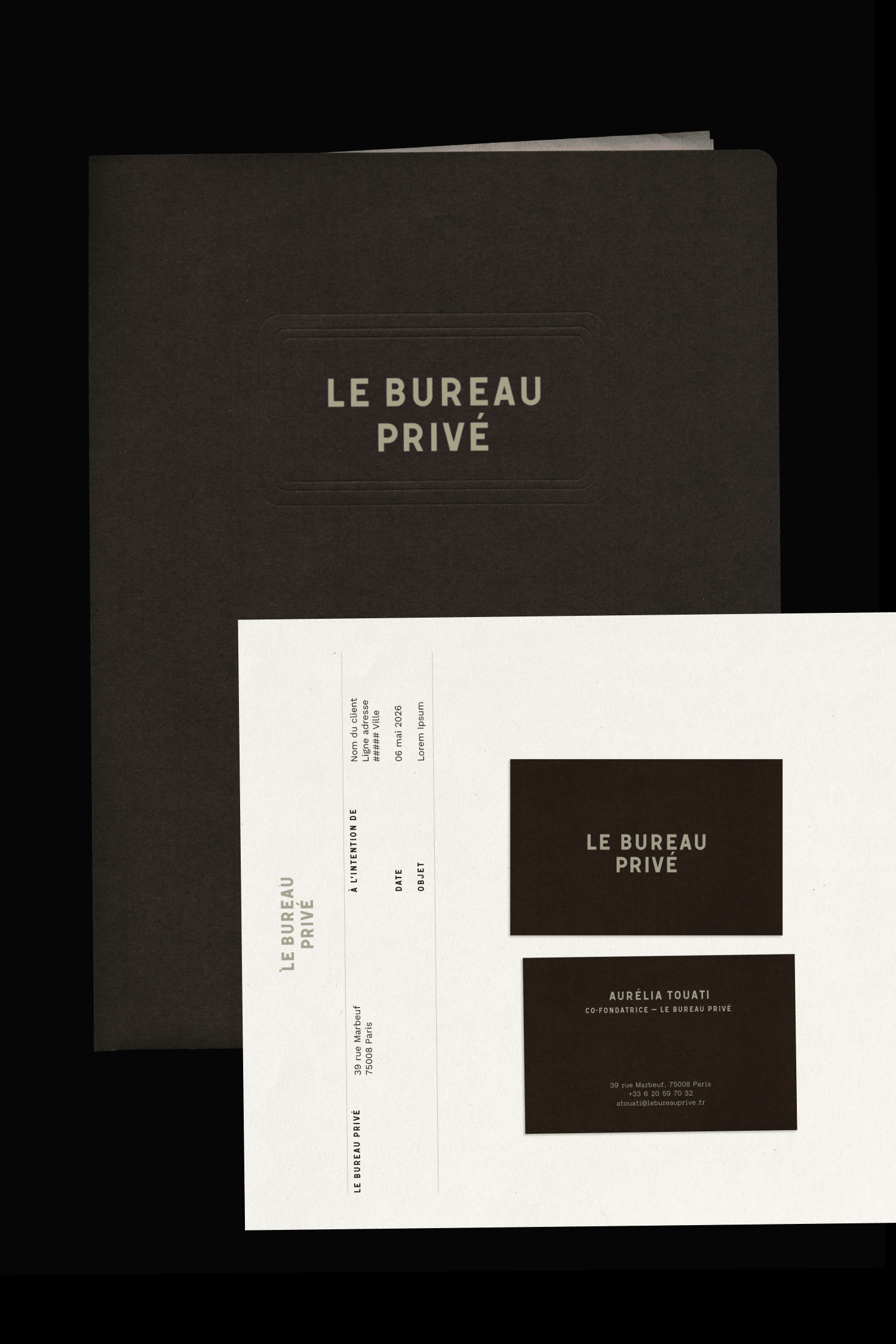 Dark brown folders and cards stacked together, showing the "Le Bureau Privé" logo alongside printed documents and a business card on a black background.