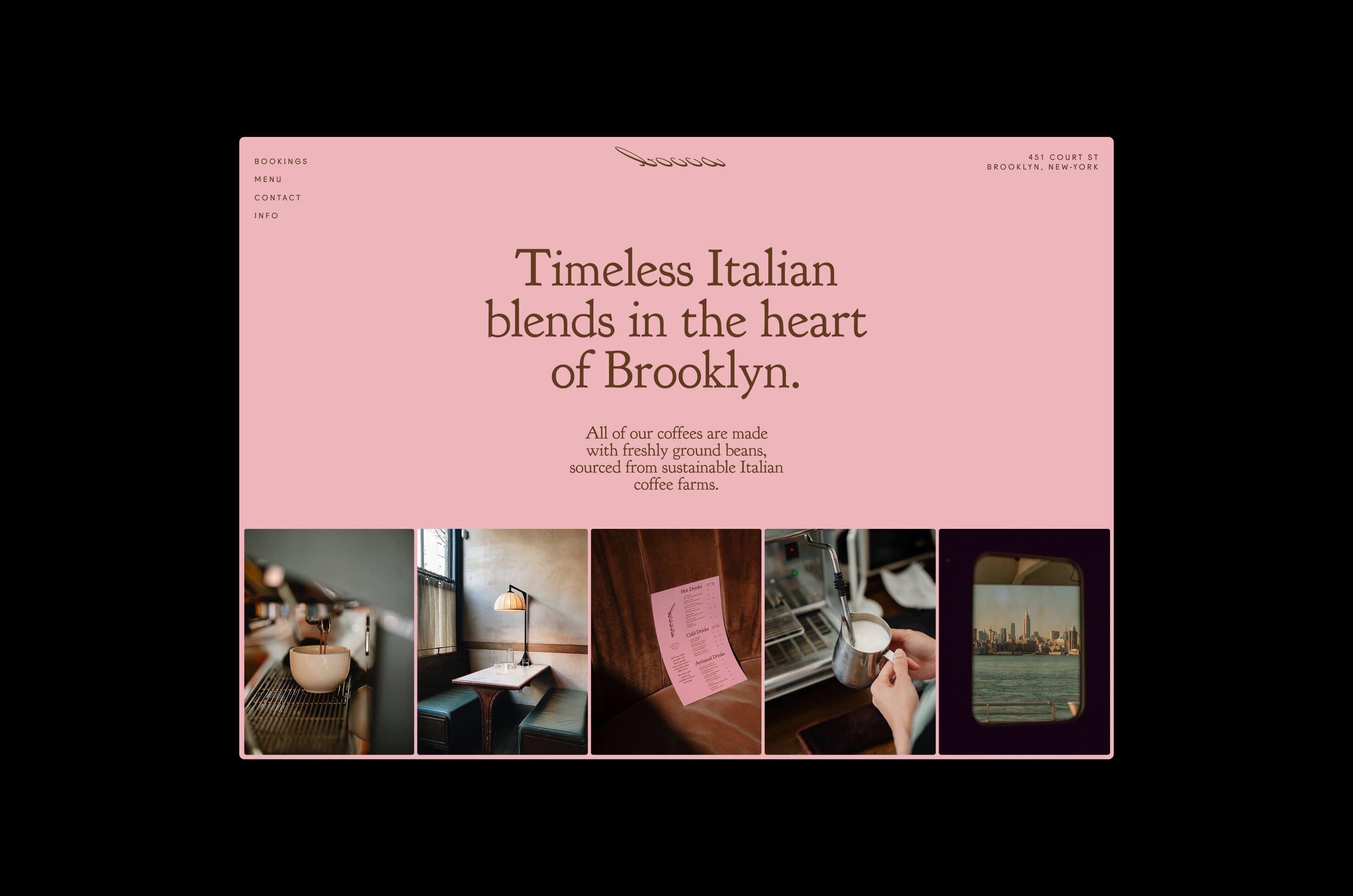 Dark background displaying the Bocca website homepage, with a pink hero section reading "Timeless Italian blends in the heart of Brooklyn" above a row of five lifestyle photos.