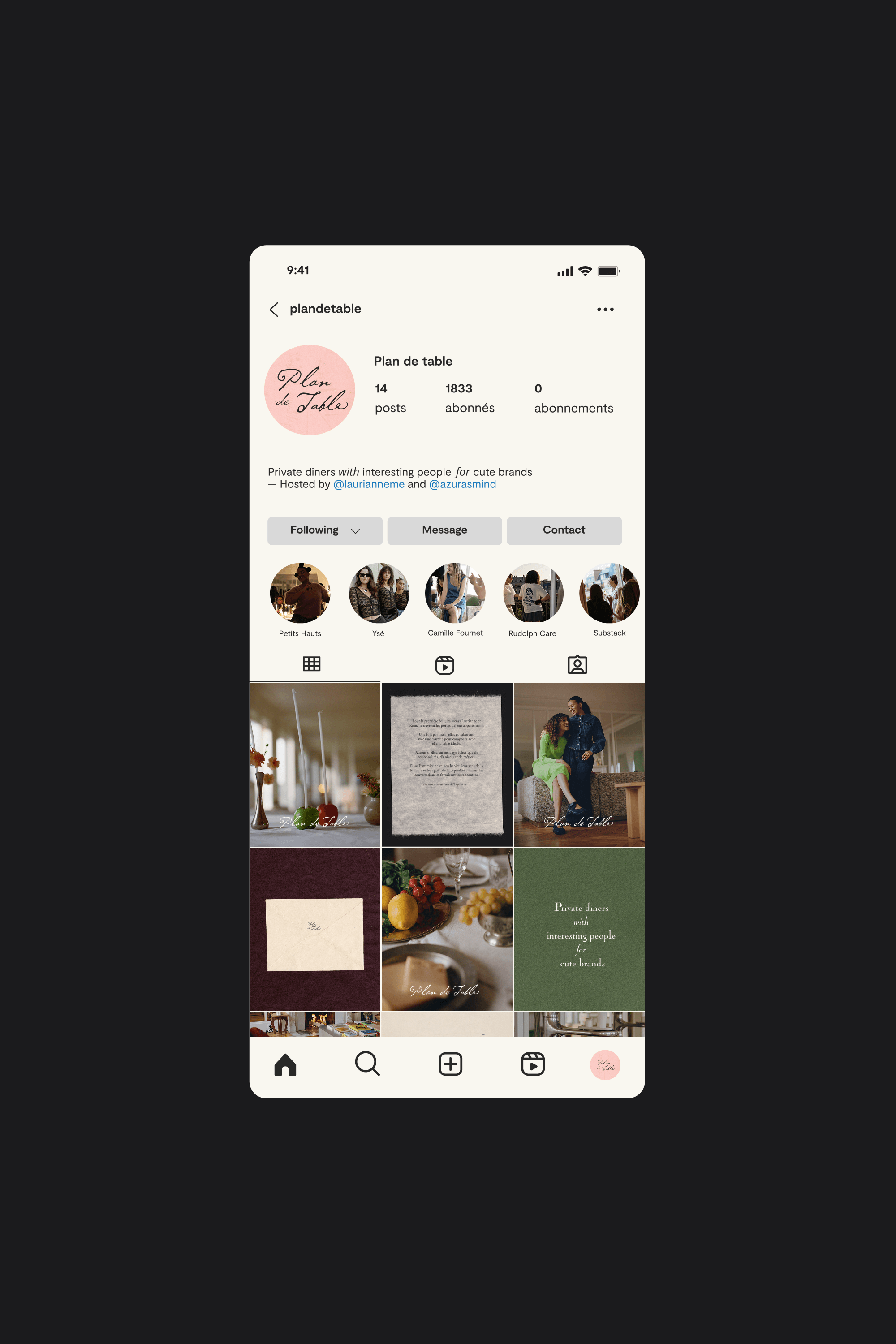 Instagram profile page for "Plan de Table" shown on a phone screen against a black background, displaying the grid of event photos.