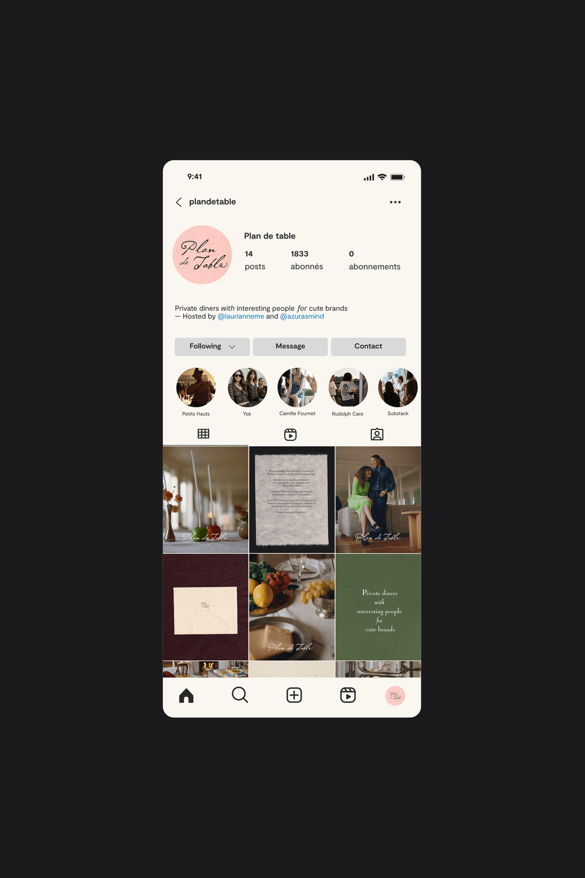 Instagram profile page for "Plan de Table" shown on a phone screen against a black background, displaying the grid of event photos.