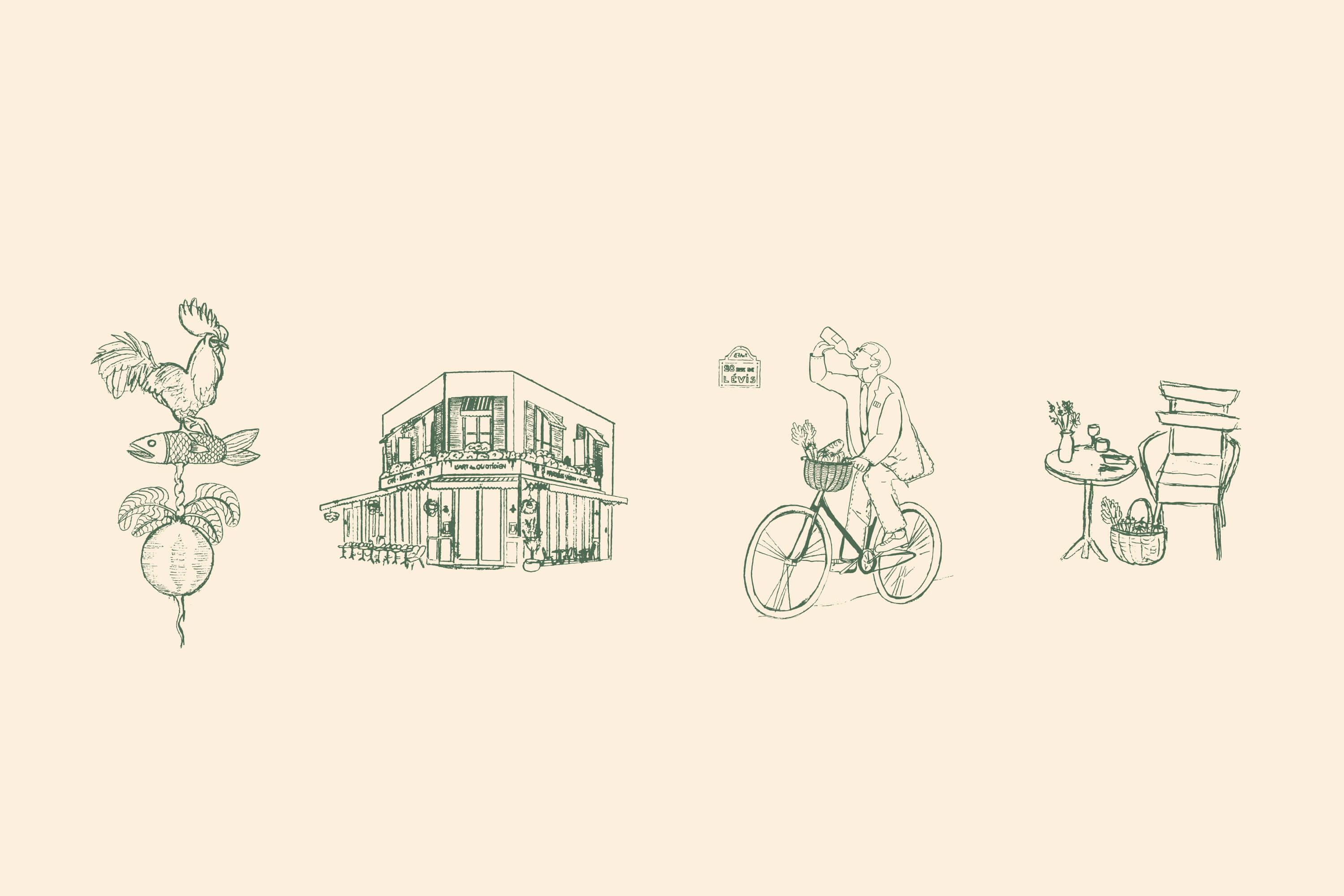 Five hand-drawn green line illustrations on a cream background, depicting a rooster and radish, the corner building facade, a delivery cyclist, and a café table scene.