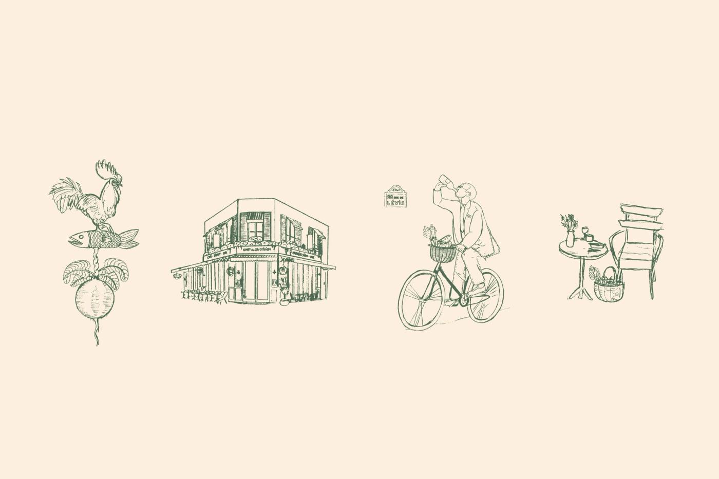 Five hand-drawn green line illustrations on a cream background, depicting a rooster and radish, the corner building facade, a delivery cyclist, and a café table scene.