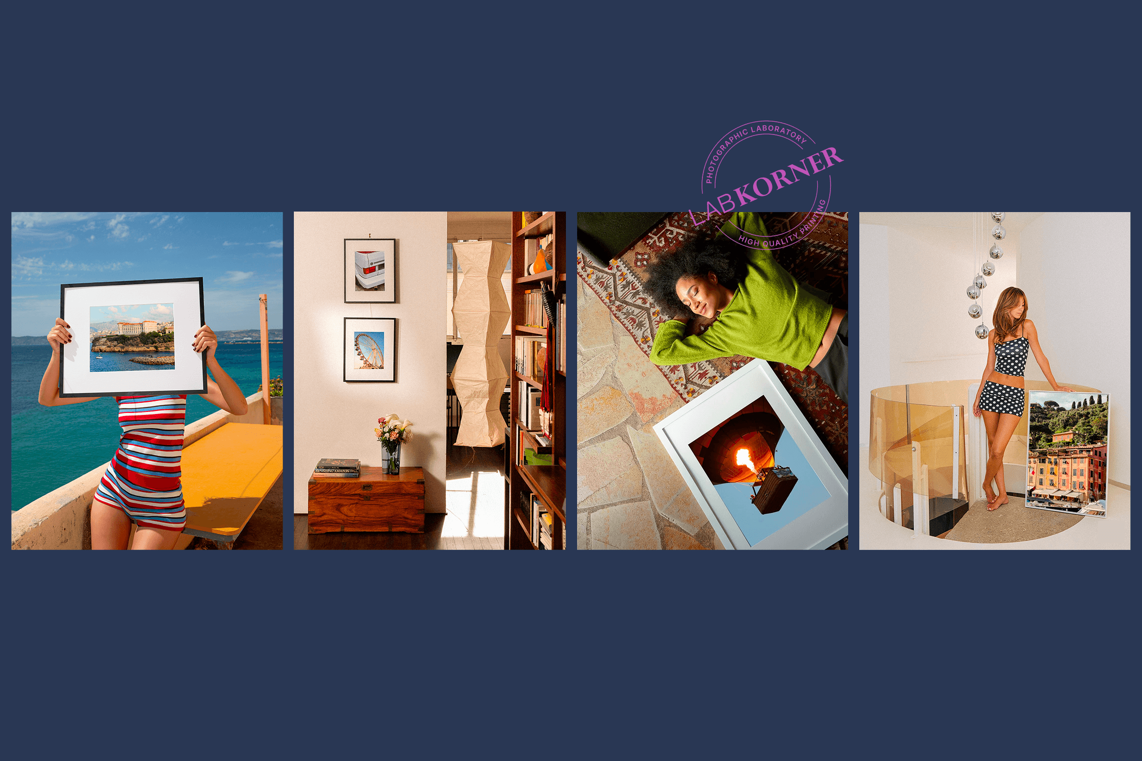 Navy background featuring four lifestyle photos — a woman holding a framed print at the seaside, framed art in a bookshelf nook, a child looking into a glowing box, and a woman posing with a framed print — with the LabKorner circular badge overlaid in pink.
