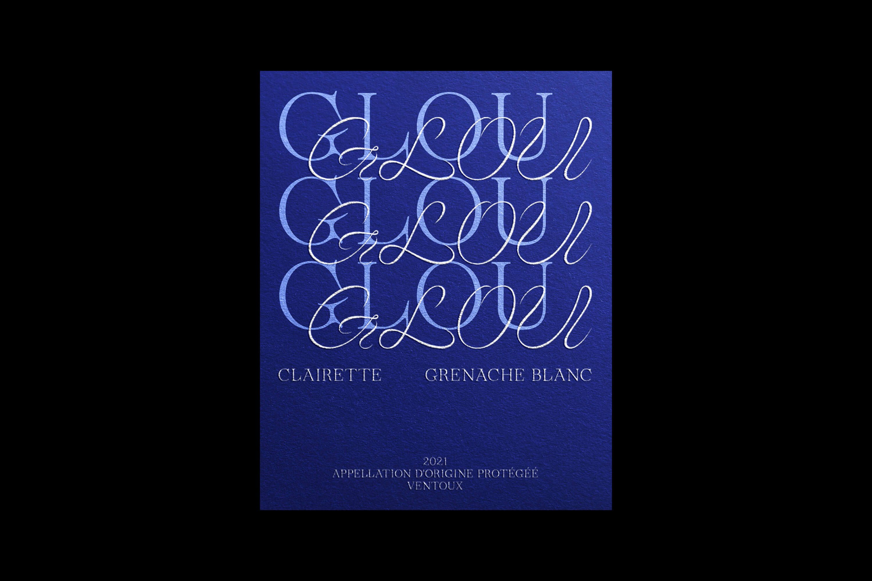 Close-up of the front label on a black background, showing the repeated cursive "Glou Glou Glou" wordmark in silver and pale blue, with "Clairette," "Grenache Blanc," and "2021 Appellation d'Origine Protégée Ventoux" beneath.