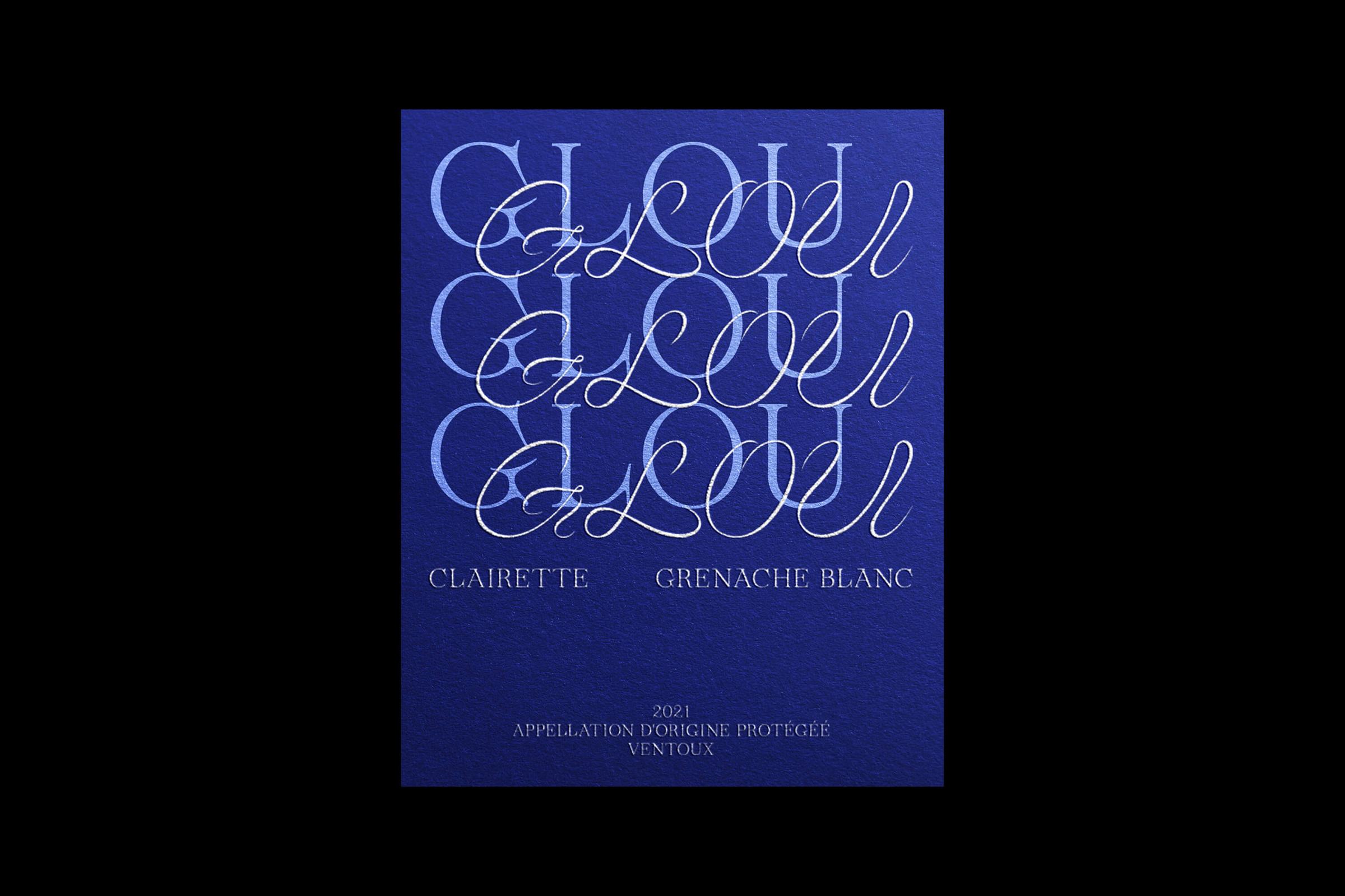 Close-up of the front label on a black background, showing the repeated cursive "Glou Glou Glou" wordmark in silver and pale blue, with "Clairette," "Grenache Blanc," and "2021 Appellation d'Origine Protégée Ventoux" beneath.
