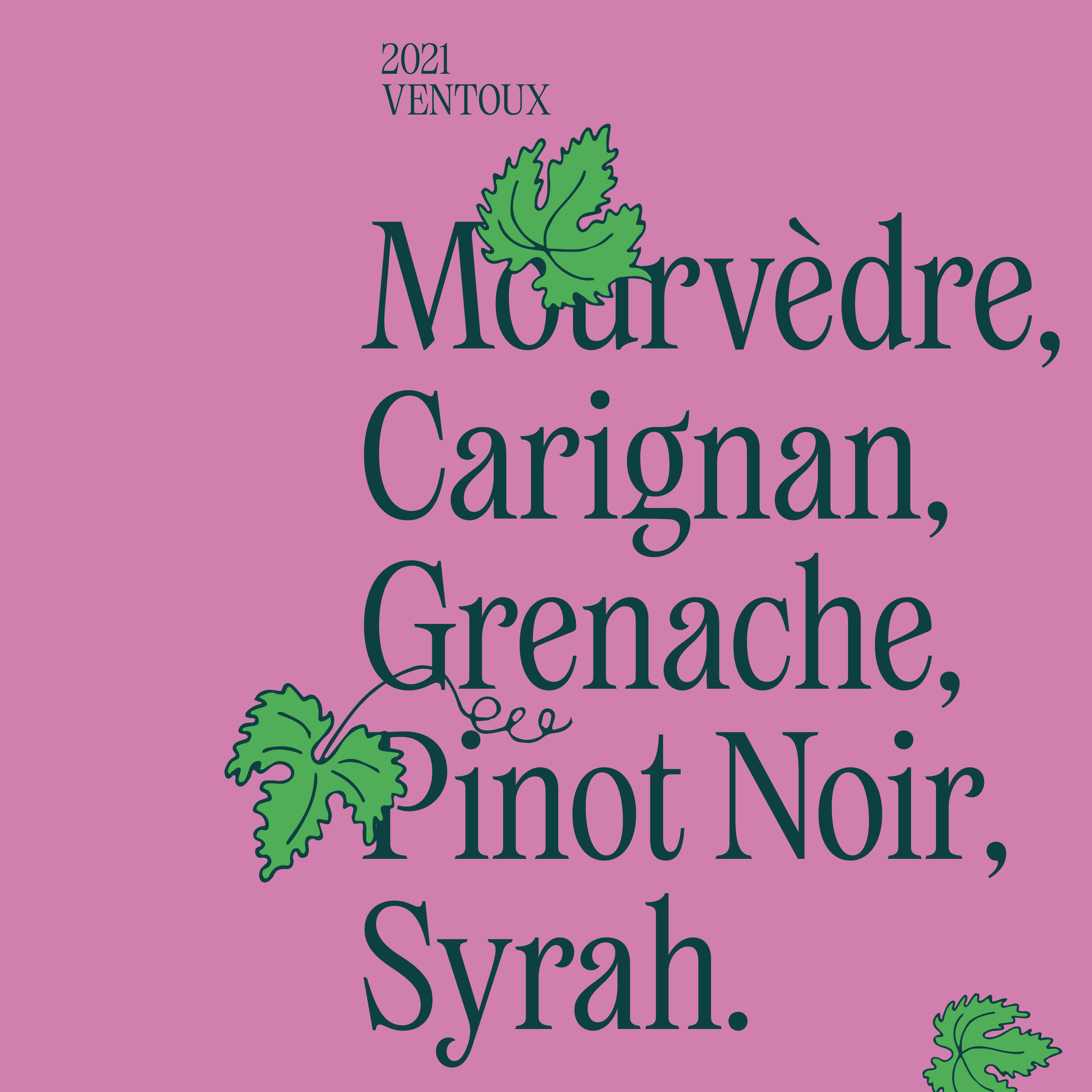 Fuchsia cover slide listing the grape varietals "Mourvèdre, Carignan, Grenache, Pinot Noir, Syrah" in serif type with grape leaf illustrations, dated 2021 Ventoux.