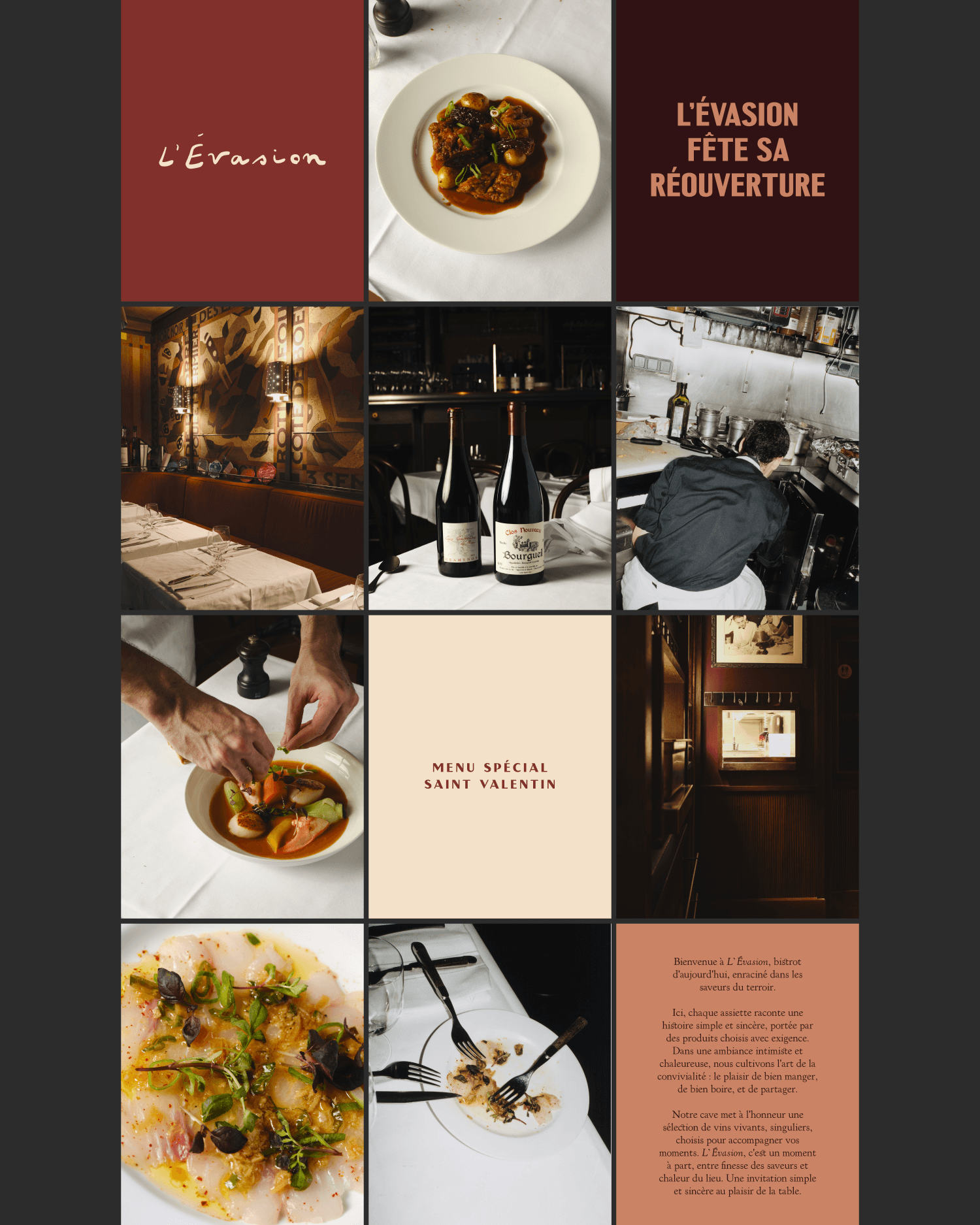 Instagram grid preview featuring reopening announcement graphics, plated dishes, wine bottles, and interior shots in the brand's burgundy and cream palette.