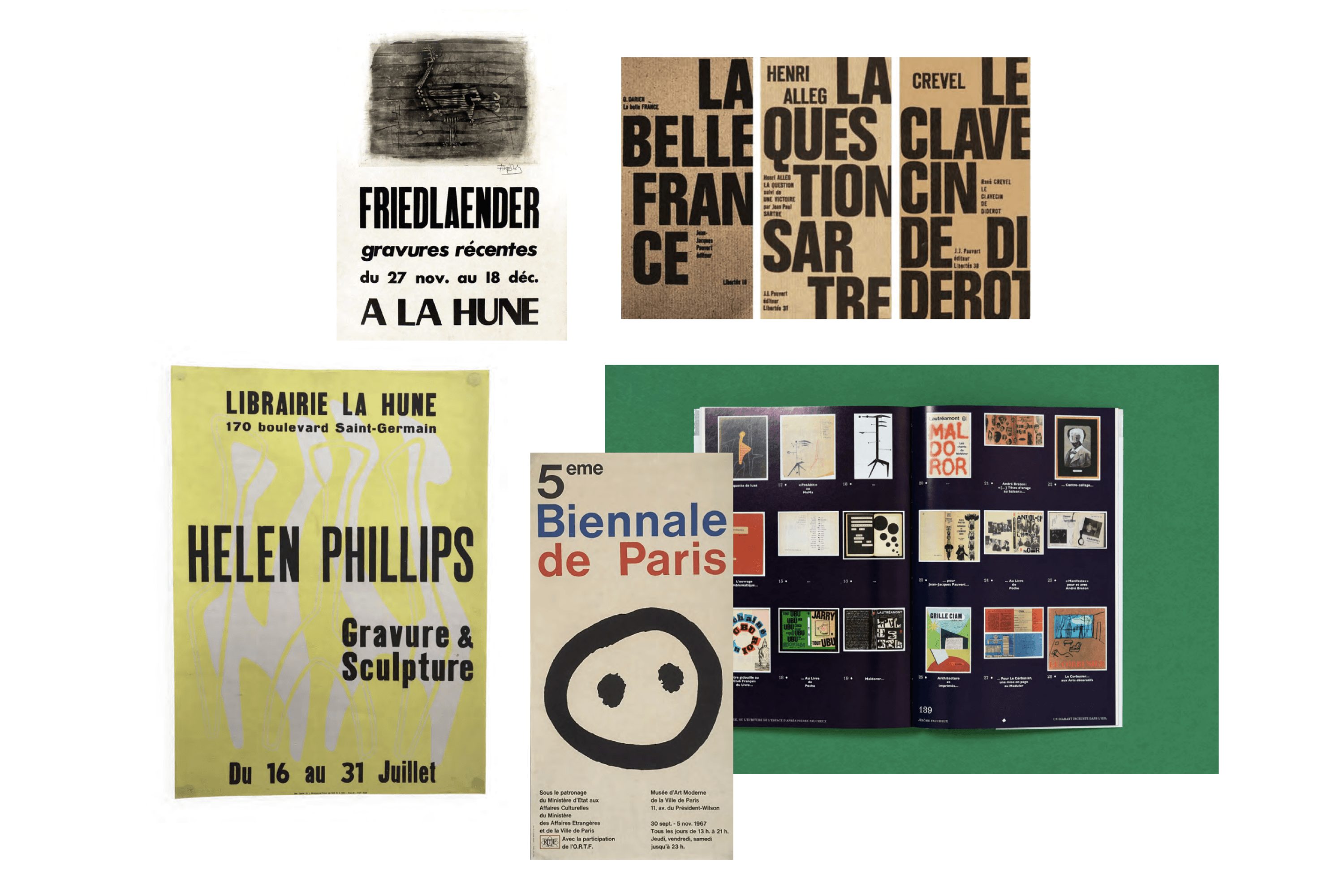 Archival poster board from La Hune: Friedlaender, La Belle France, Helen Phillips and 5th Biennale de Paris exhibitions