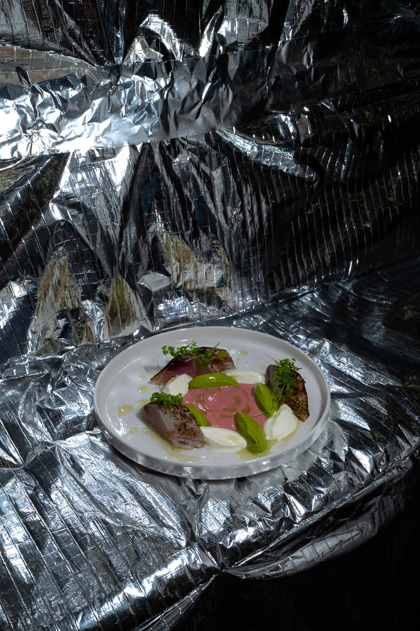 A plated dish of cured fish, greens, and sauce dots, photographed on crinkled silver foil.