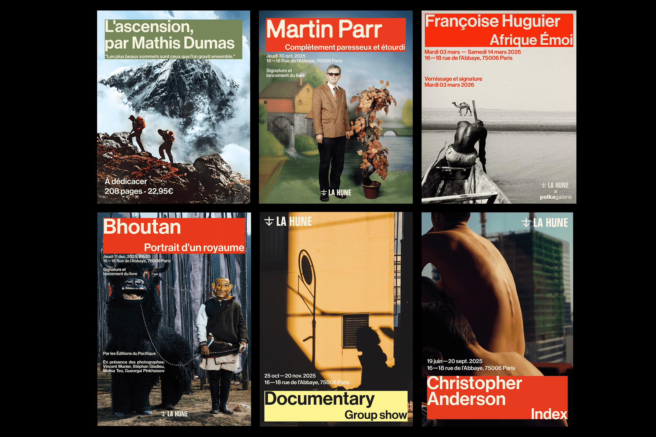 Grid of 6 La Hune exhibition covers: Mathis Dumas, Martin Parr, Françoise Huguier, Bhoutan, Documentary group show, and Christopher Anderson