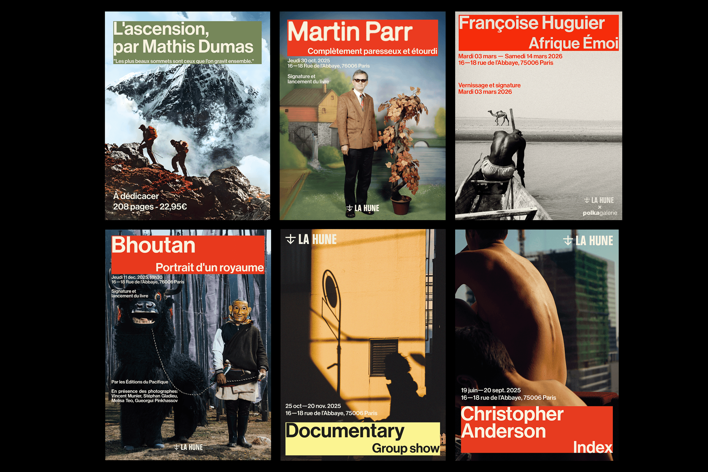Grid of 6 La Hune exhibition covers: Mathis Dumas, Martin Parr, Françoise Huguier, Bhoutan, Documentary group show, and Christopher Anderson
