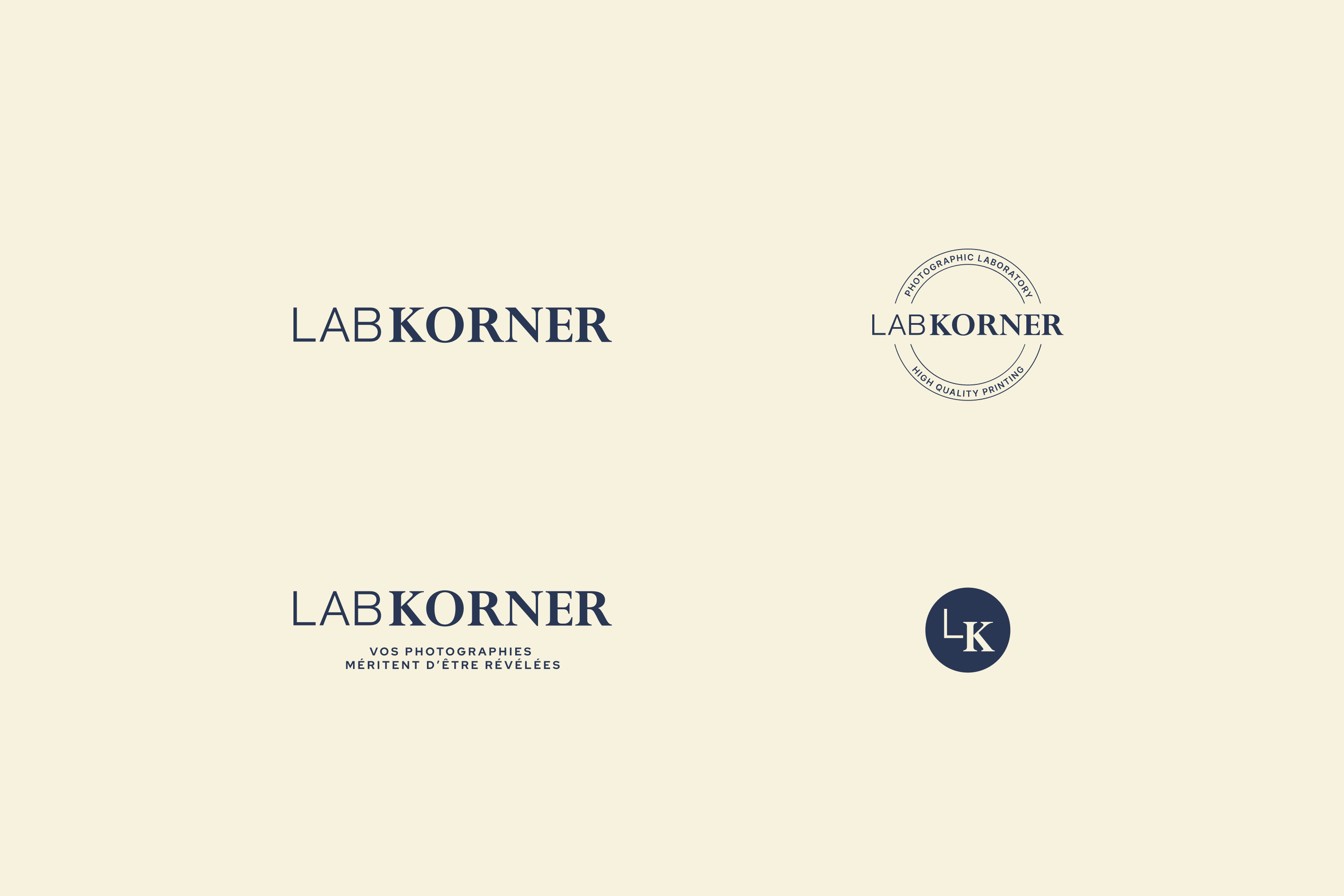 Cream background displaying four LabKorner logo variations — wordmark, circular badge, wordmark with tagline, and a monogram.