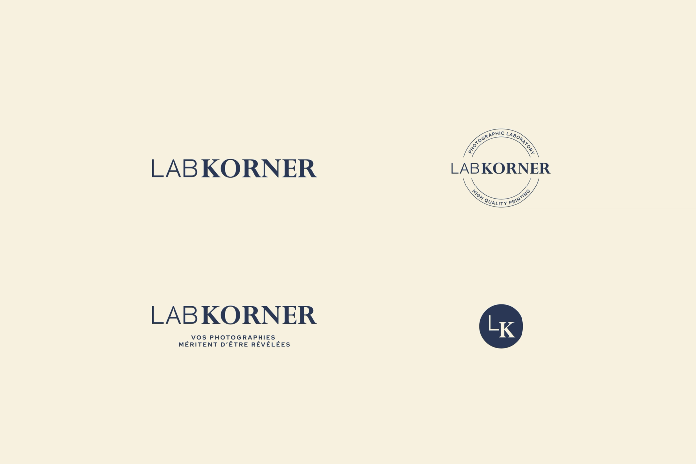 Cream background displaying four LabKorner logo variations — wordmark, circular badge, wordmark with tagline, and a monogram.