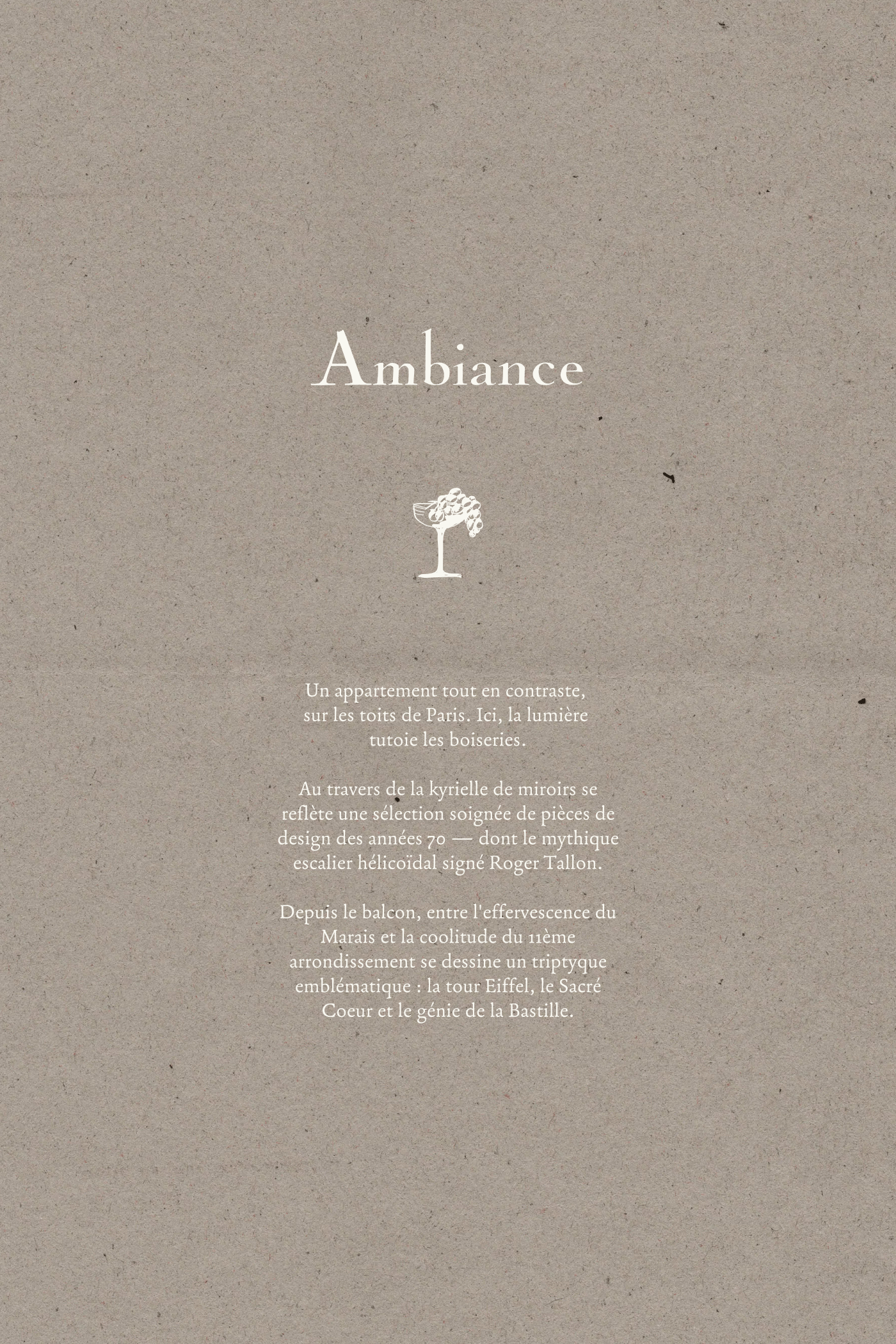 Warm grey textured page titled "Ambiance" with a wine glass icon and descriptive French text about the apartment setting.