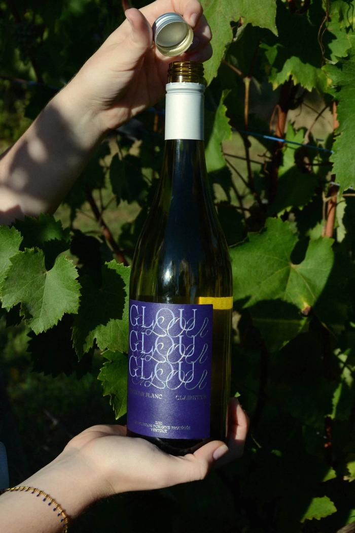 Hands opening the wine bottle outdoors, foil capsule being removed, set against green vine leaves.