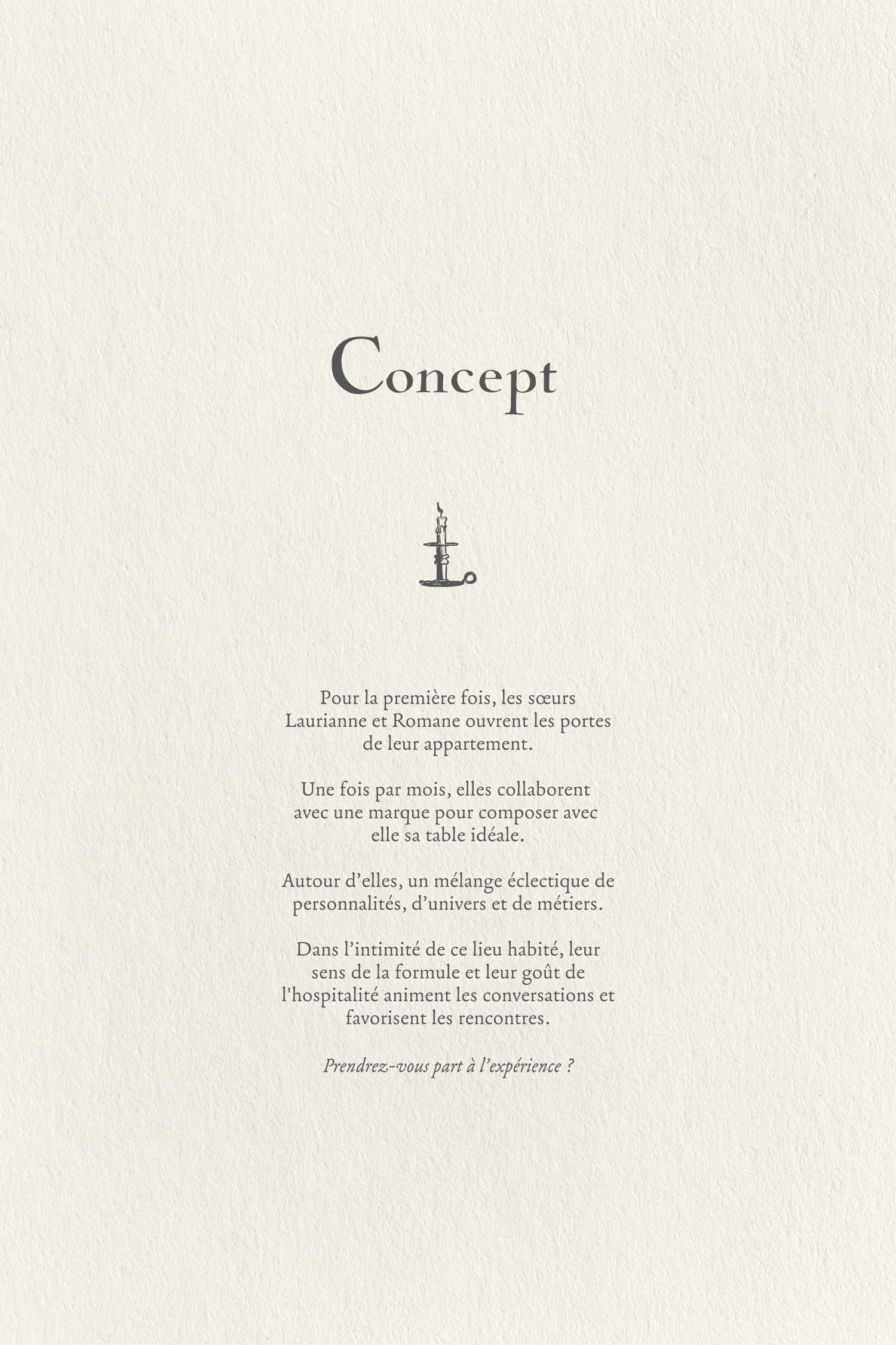Cream text page titled "Concept," with a small candle icon and French paragraph text describing the dinner concept.