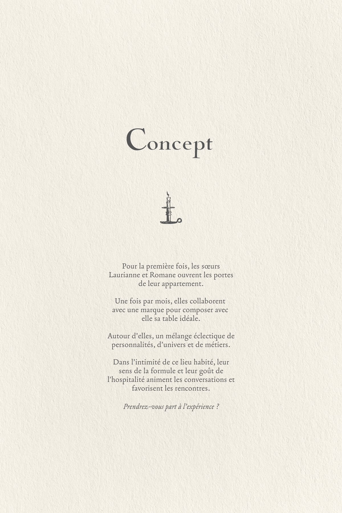 Cream text page titled "Concept," with a small candle icon and French paragraph text describing the dinner concept.