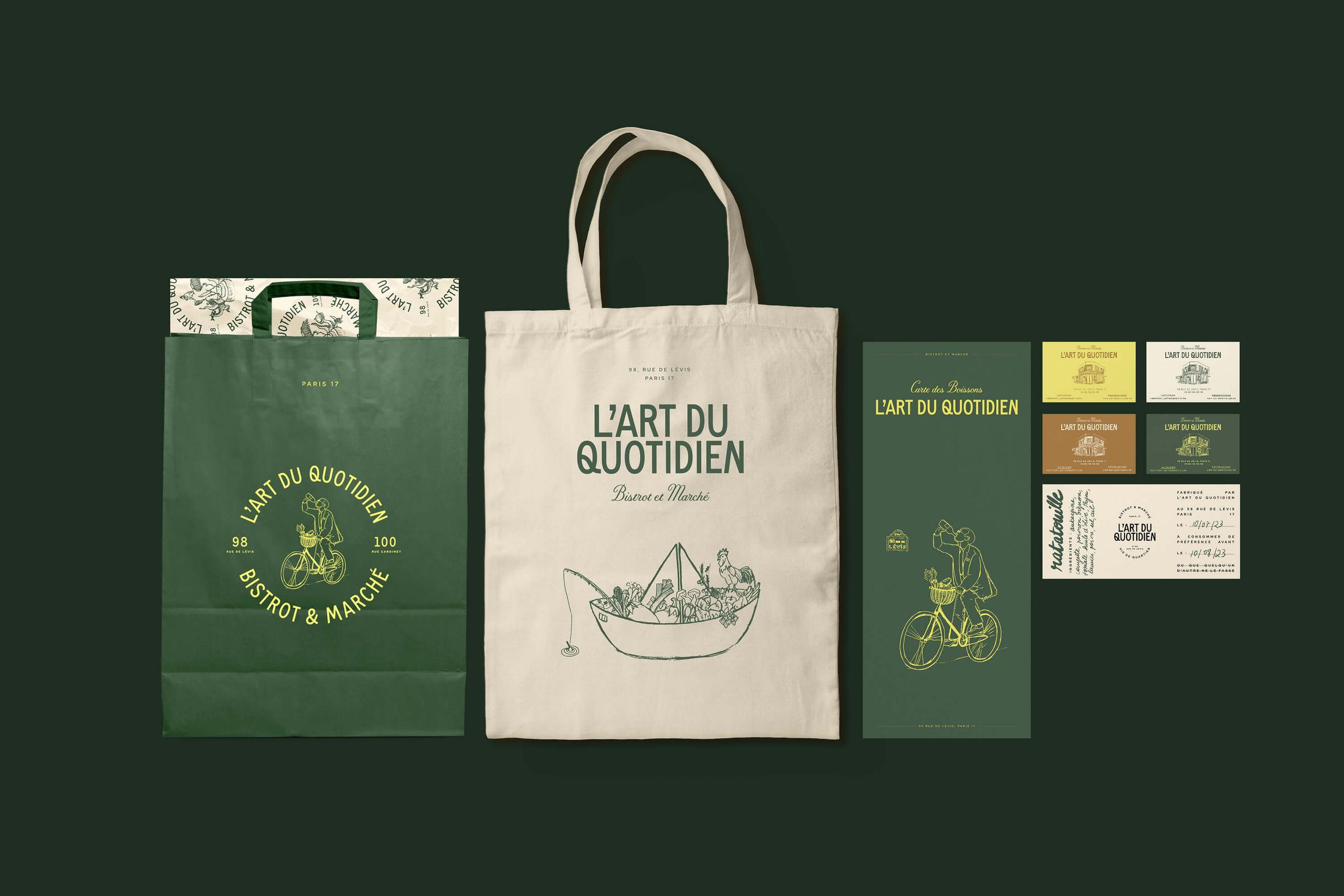 Dark green background displaying the full brand suite — a paper carrier bag, tote bag with a boat/market illustration, packaging box, and a set of business cards, all in the green, cream, and yellow palette.
