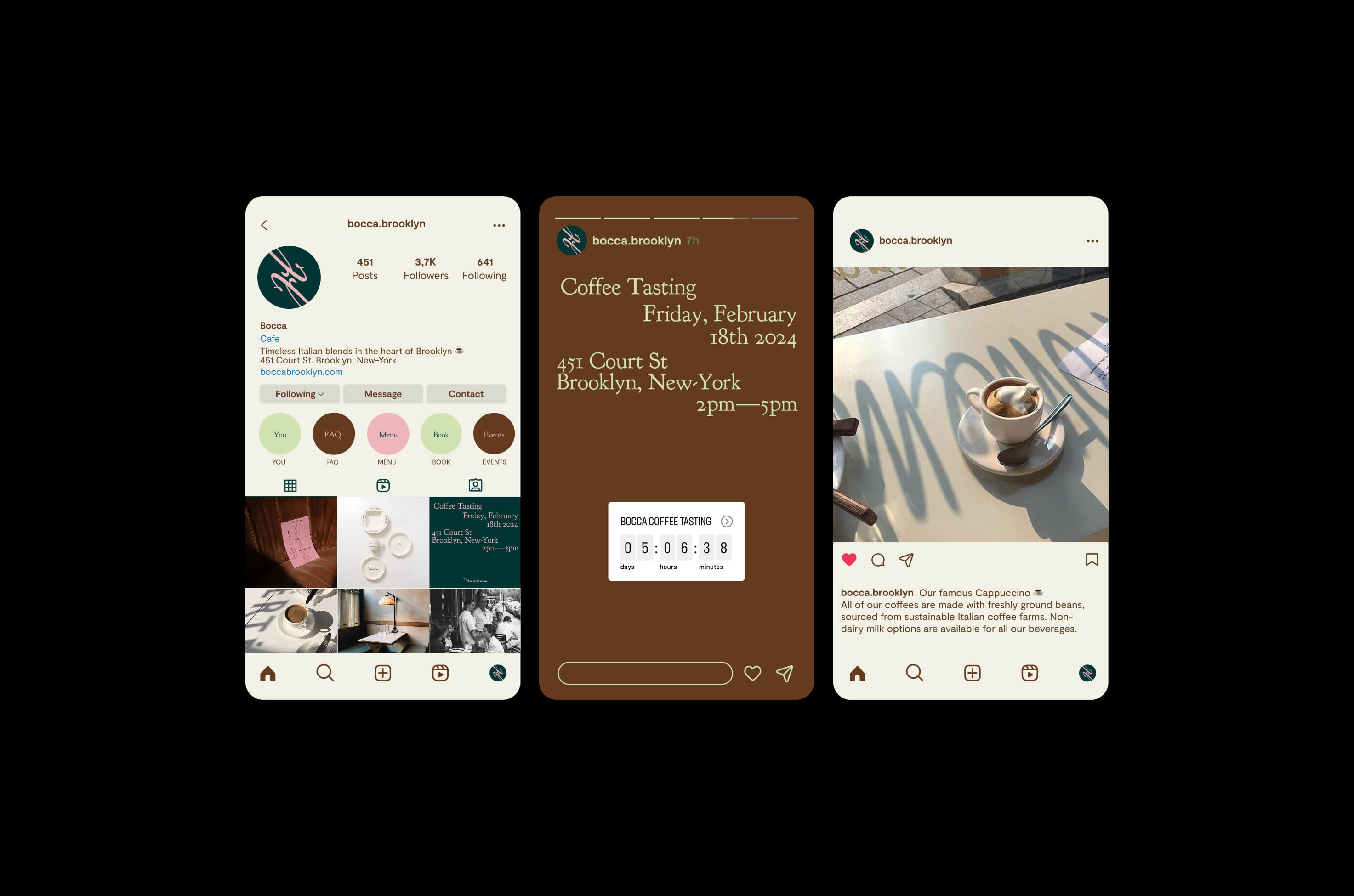 Three phone screens on a dark brown background showing the Bocca Instagram profile, a "Coffee Tasting" event announcement story, and a feed photo of a cappuccino.