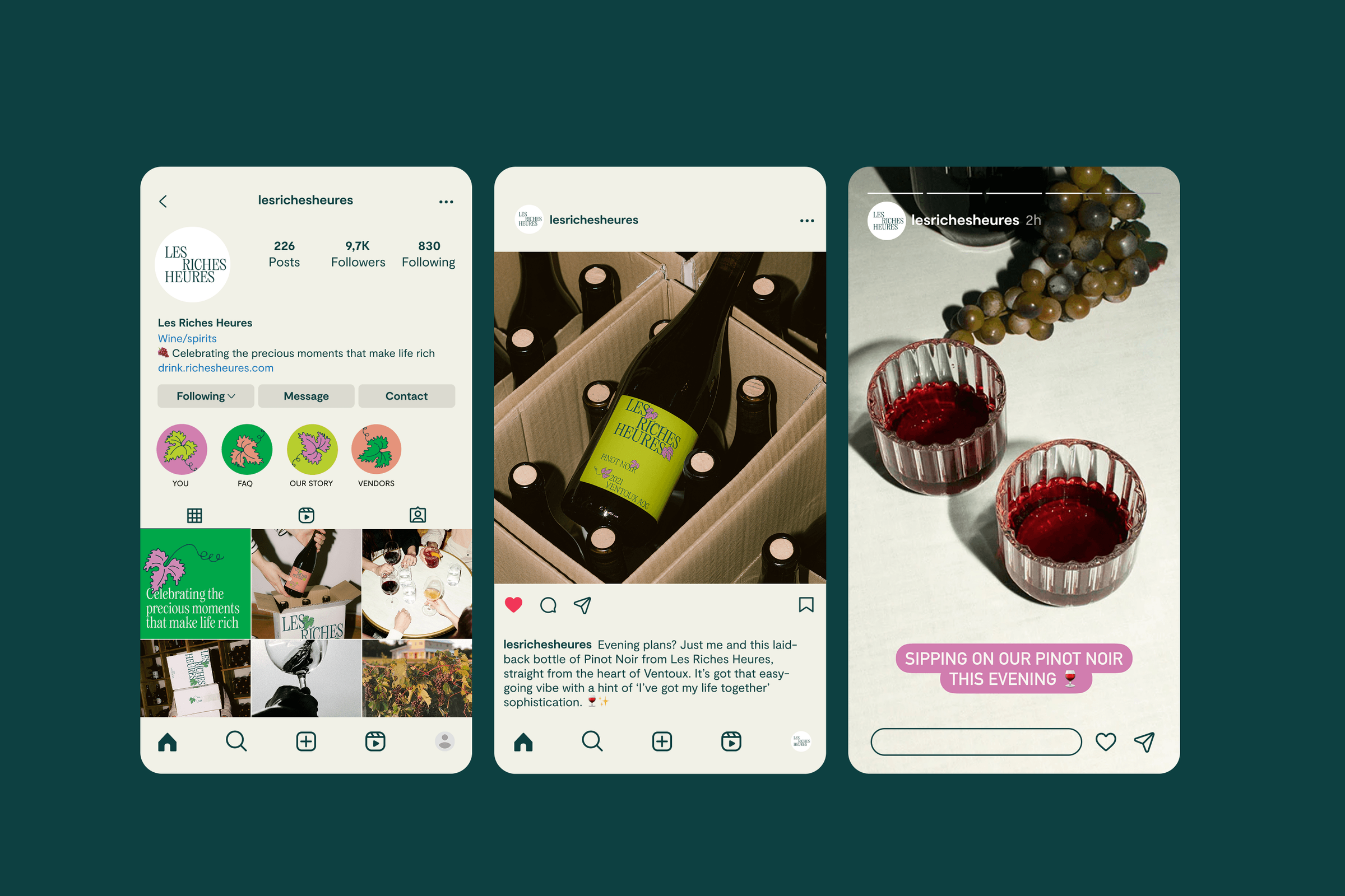 Dark teal background showing three phone screens of the "Les Riches Heures" Instagram — profile page, a feed post of boxed wine bottles, and a story of pouring red wine into glasses beside grapes.