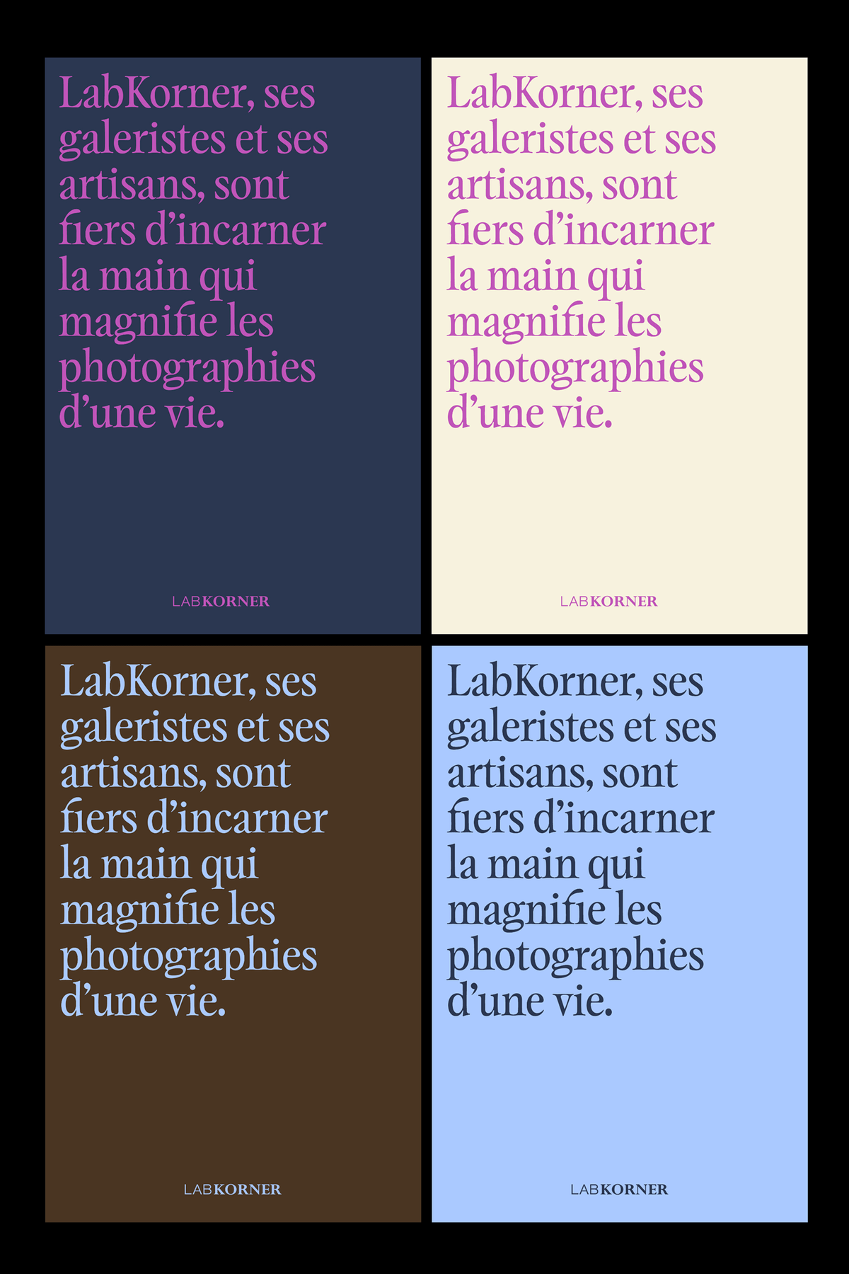 Four quote cards in navy, cream, brown, and light blue, each repeating the LabKorner tagline about artisans and galerists honoring life's photographs.