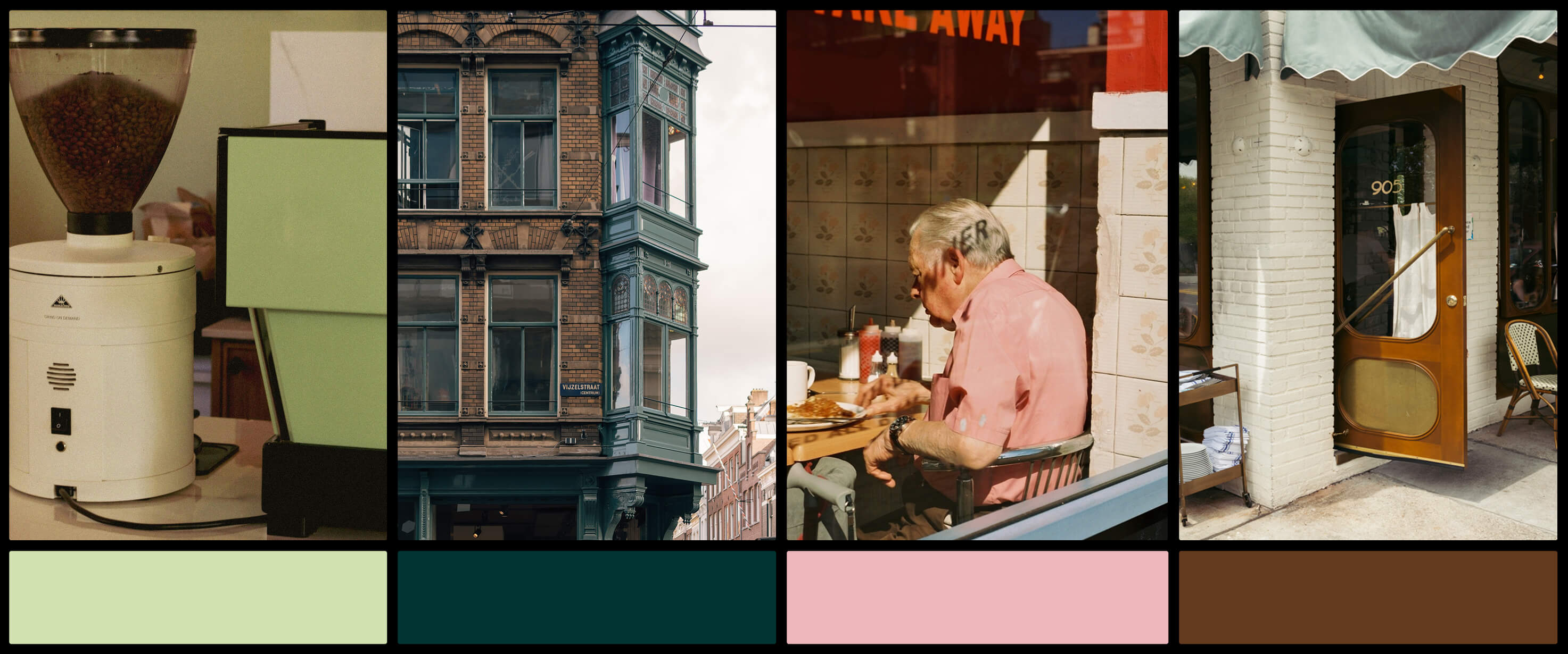 Four-panel color palette — a light green coffee grinder, a ornate brick building facade with dark teal windows, a man wearing a pink shirt eating at a cafe, and a café's brown wooden door — each paired with a matching brand color swatch.