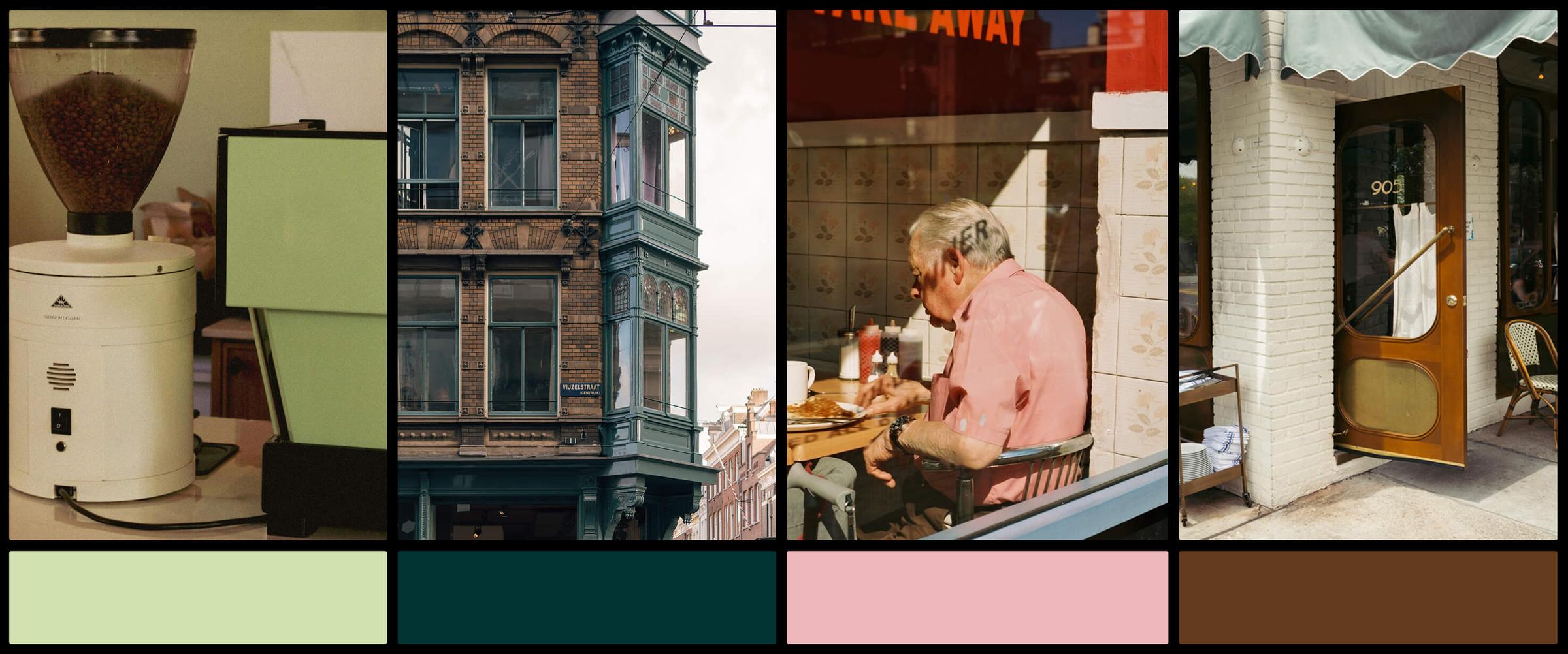 Four-panel color palette — a light green coffee grinder, a ornate brick building facade with dark teal windows, a man wearing a pink shirt eating at a cafe, and a café's brown wooden door — each paired with a matching brand color swatch.