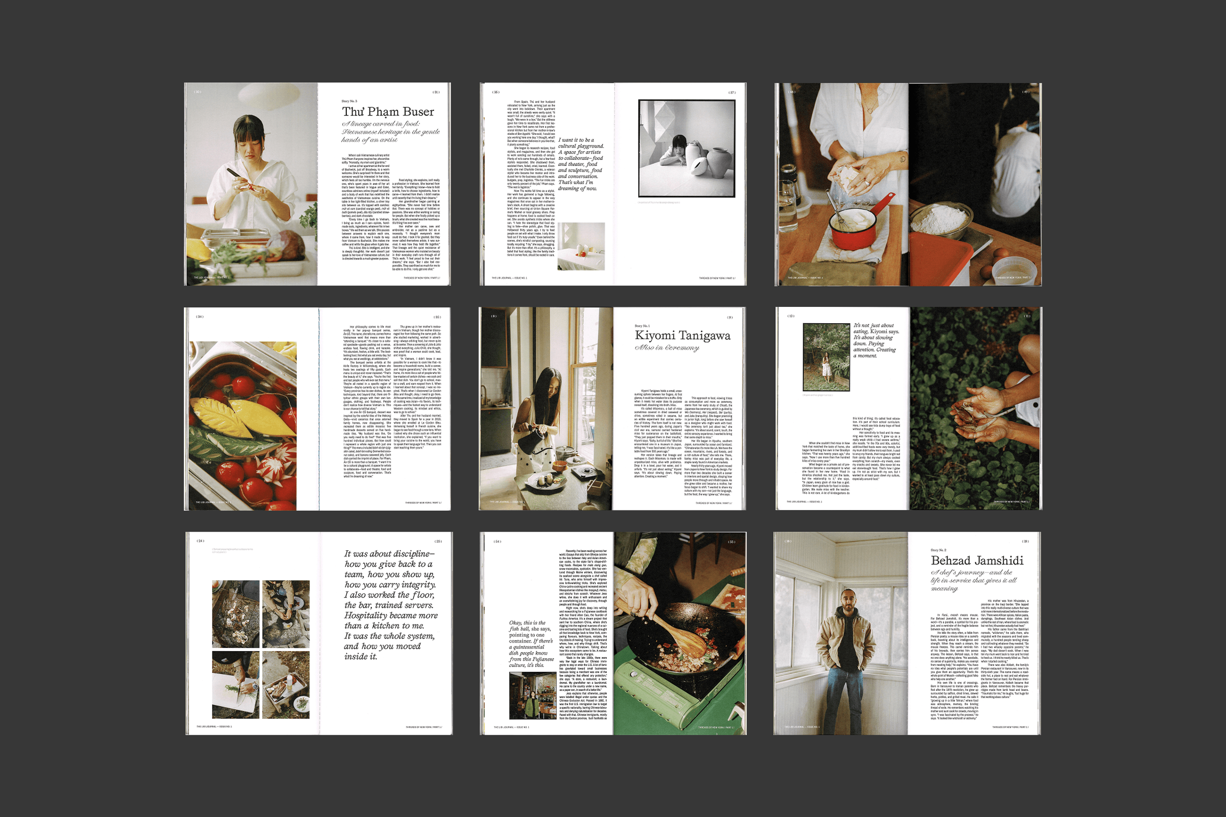 Nine editorial page spreads from the journal, featuring portrait photography of contributors (including Kiyomi Tanigawa and Behzad Jamshidi), food and cooking process shots, and interview text layouts.