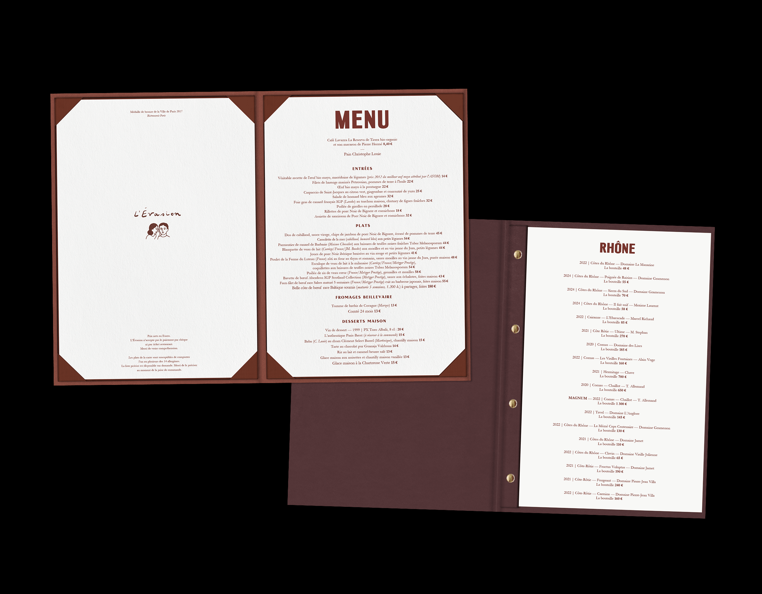 Two open food menu and wine list, bound in burgundy leather-look covers, laid against a black backdrop.
