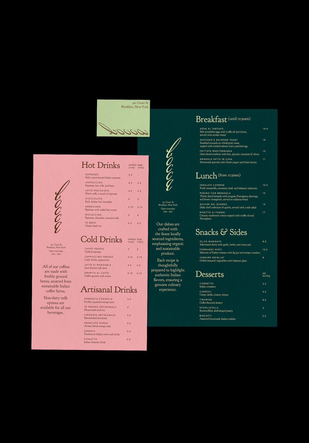 Two menu cards and a business card shown on a black background — a pink hot/cold drinks menu and a dark teal food menu listing breakfast, lunch, snacks, and desserts, both featuring the cursive "Bocca" logo.
