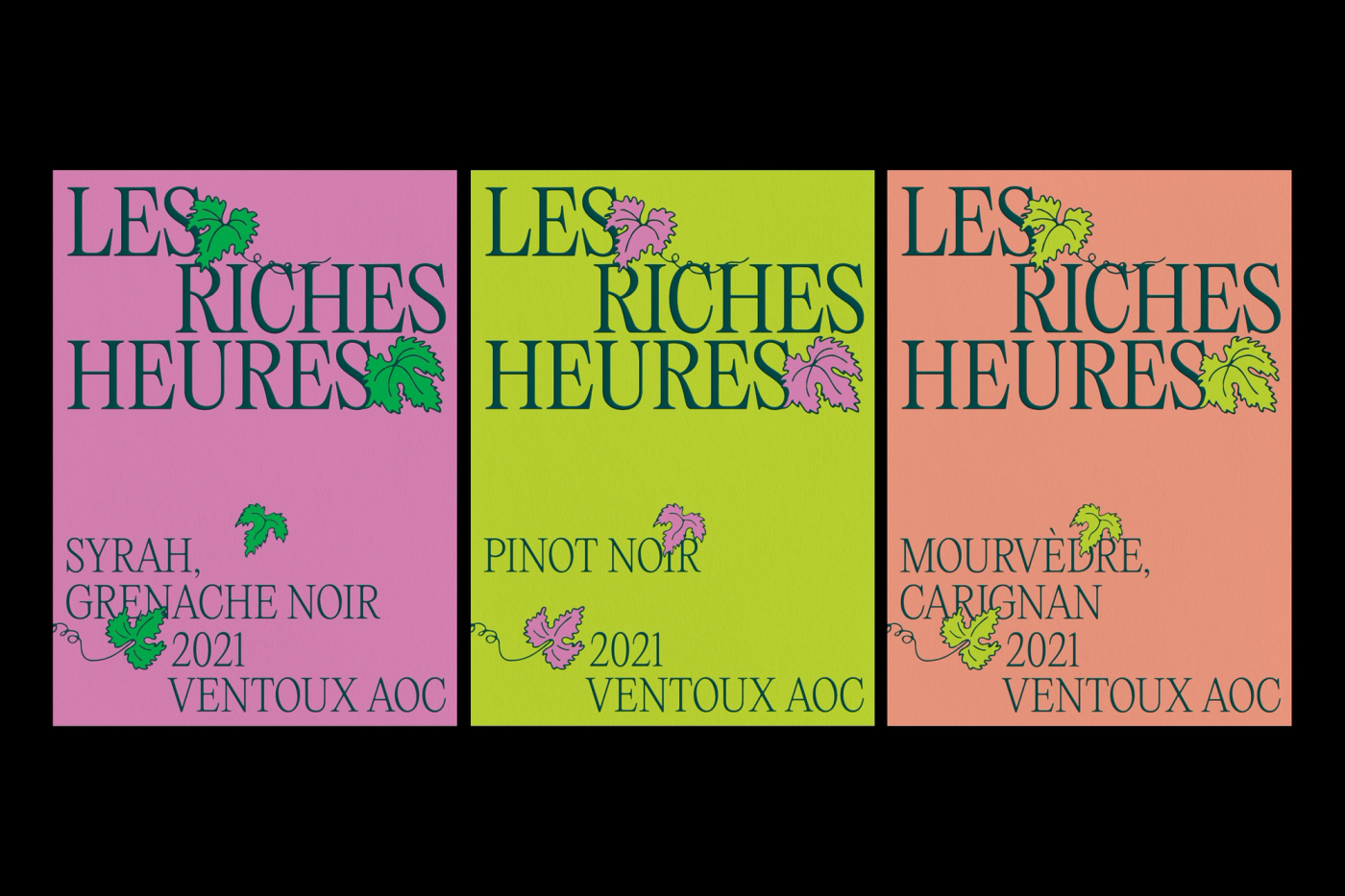 Three label designs shown side by side on a black background — purple "Syrah, Grenache Noir," green "Pinot Noir," and salmon "Mourvèdre, Carignan," each dated 2021 Ventoux AOC.